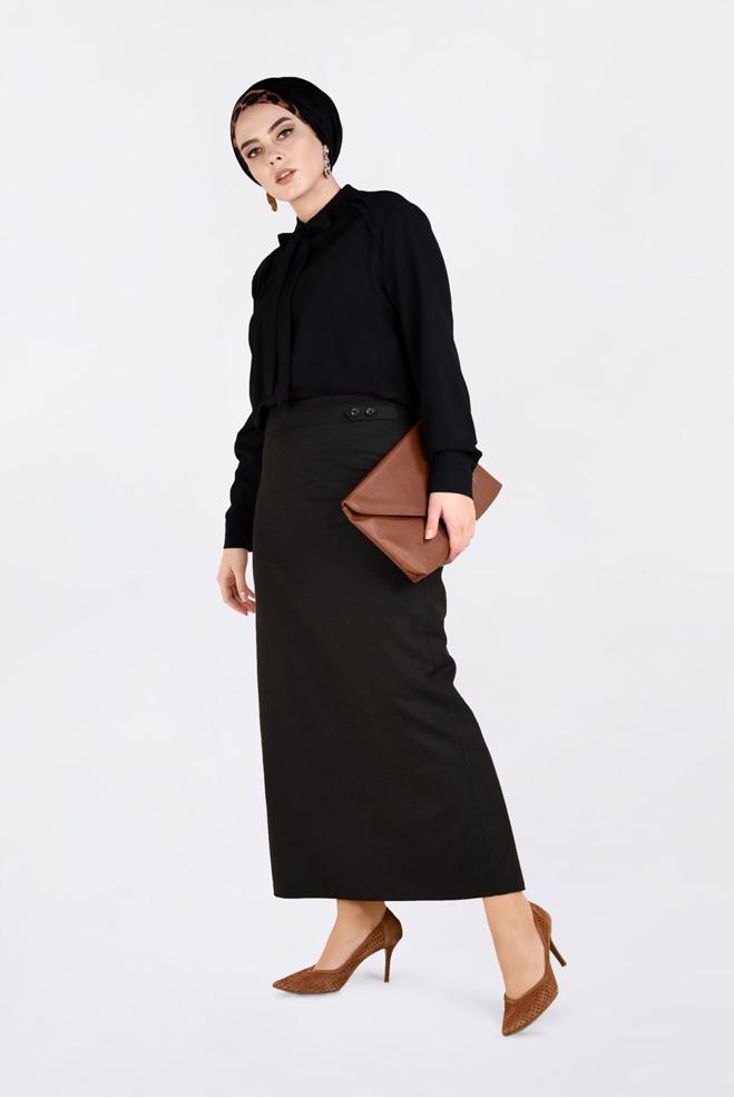 Tesettür giyim KAHVE DÜĞME DETAYLI GİZLİ YIRTMAÇLI ETEK 6283  - ALVİNA