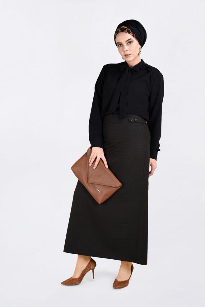 Tesettür giyim KAHVE DÜĞME DETAYLI GİZLİ YIRTMAÇLI ETEK 6283  - ALVİNA