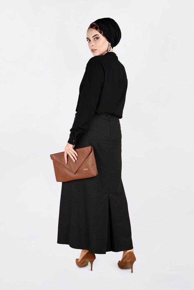 Tesettür giyim KAHVE DÜĞME DETAYLI GİZLİ YIRTMAÇLI ETEK 6283  - ALVİNA