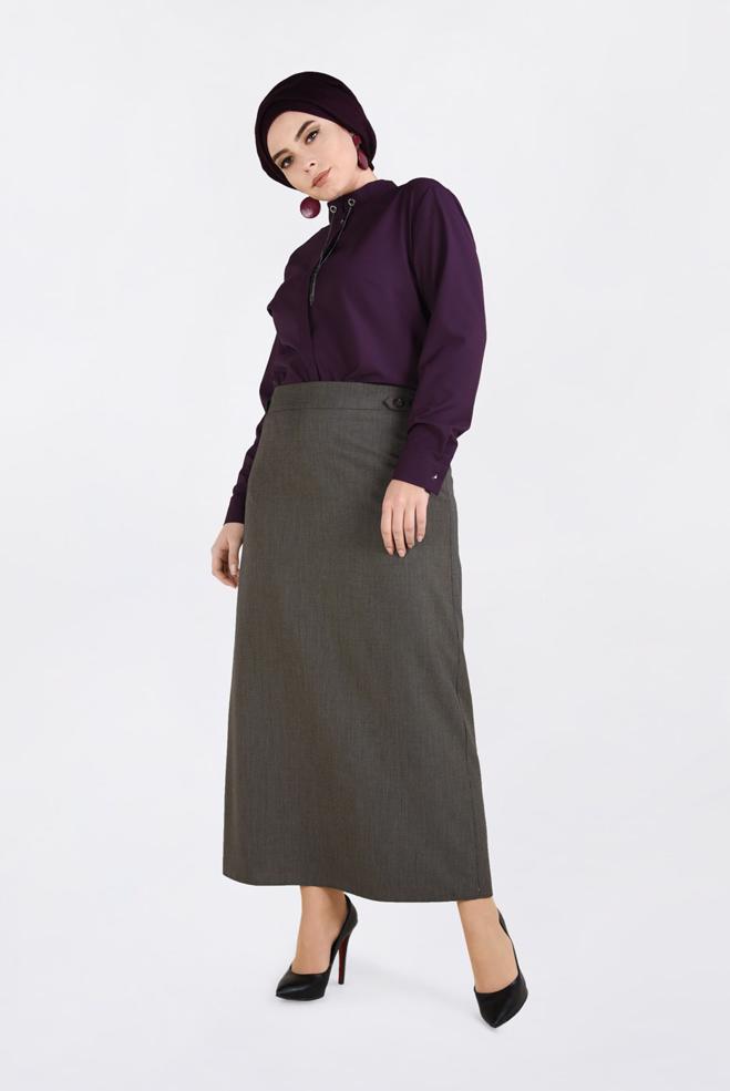 Tesettür giyim KAHVE DÜĞME DETAYLI GİZLİ YIRTMAÇLI ETEK 6283  - ALVİNA