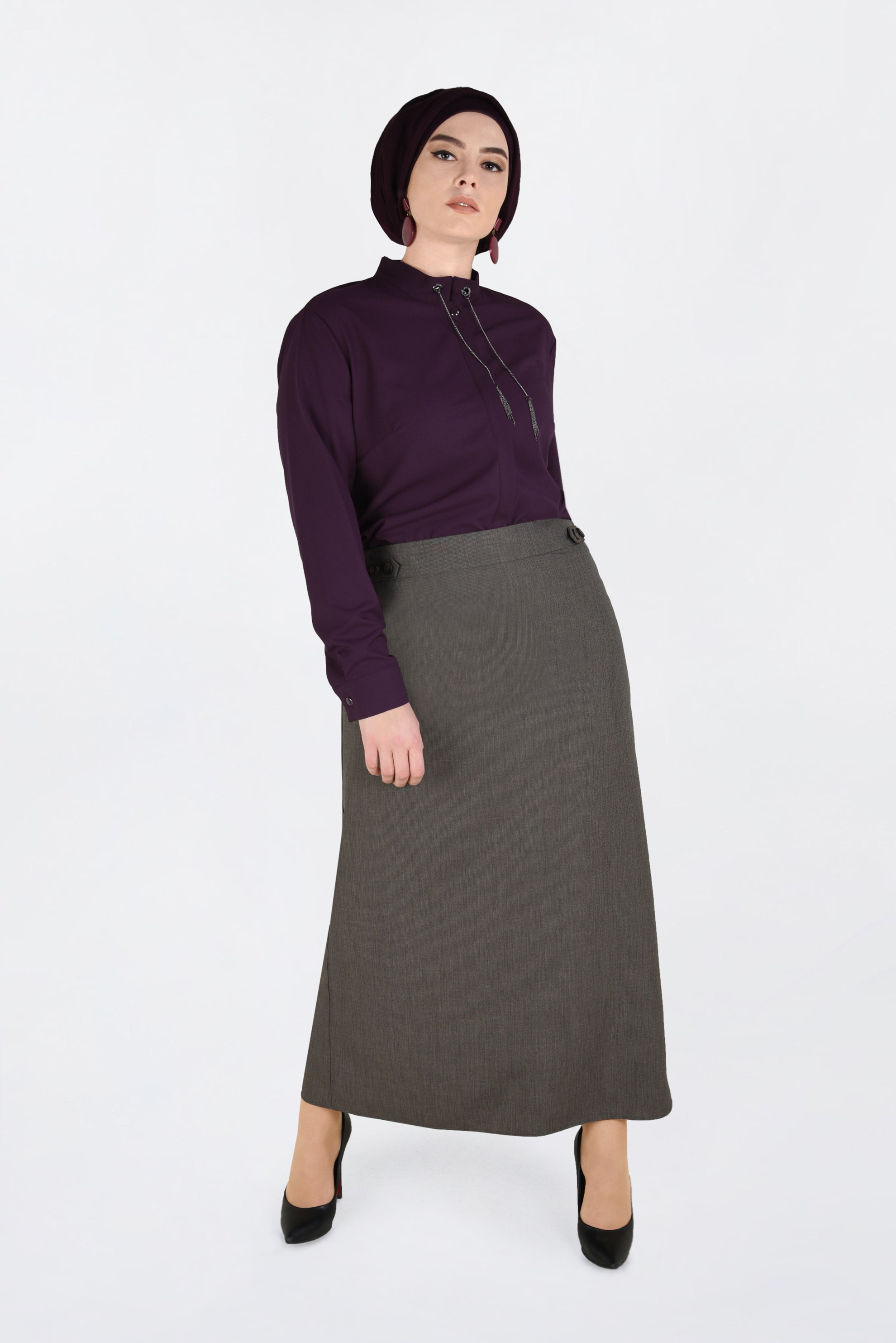 Hijab clothing BROWN BUTTONED SKIRT WITH HIDDEN SLIT 6283 