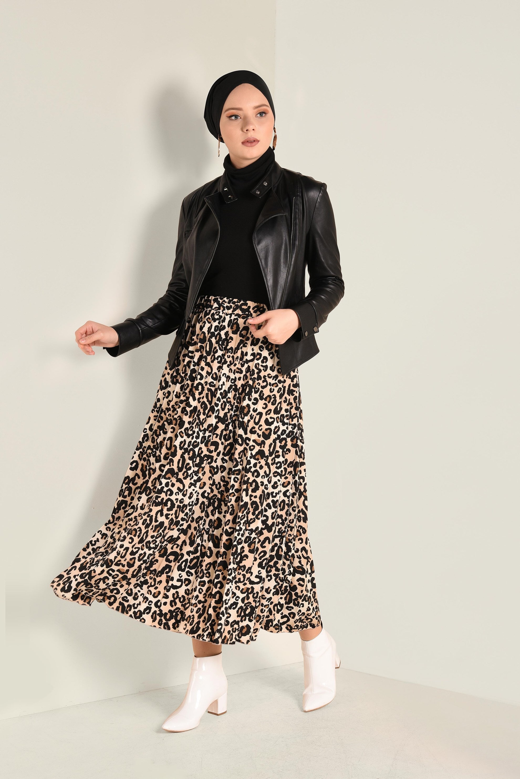 Tesettür giyim SİYAH LEOPAR DESENLİ ETEK 6284 