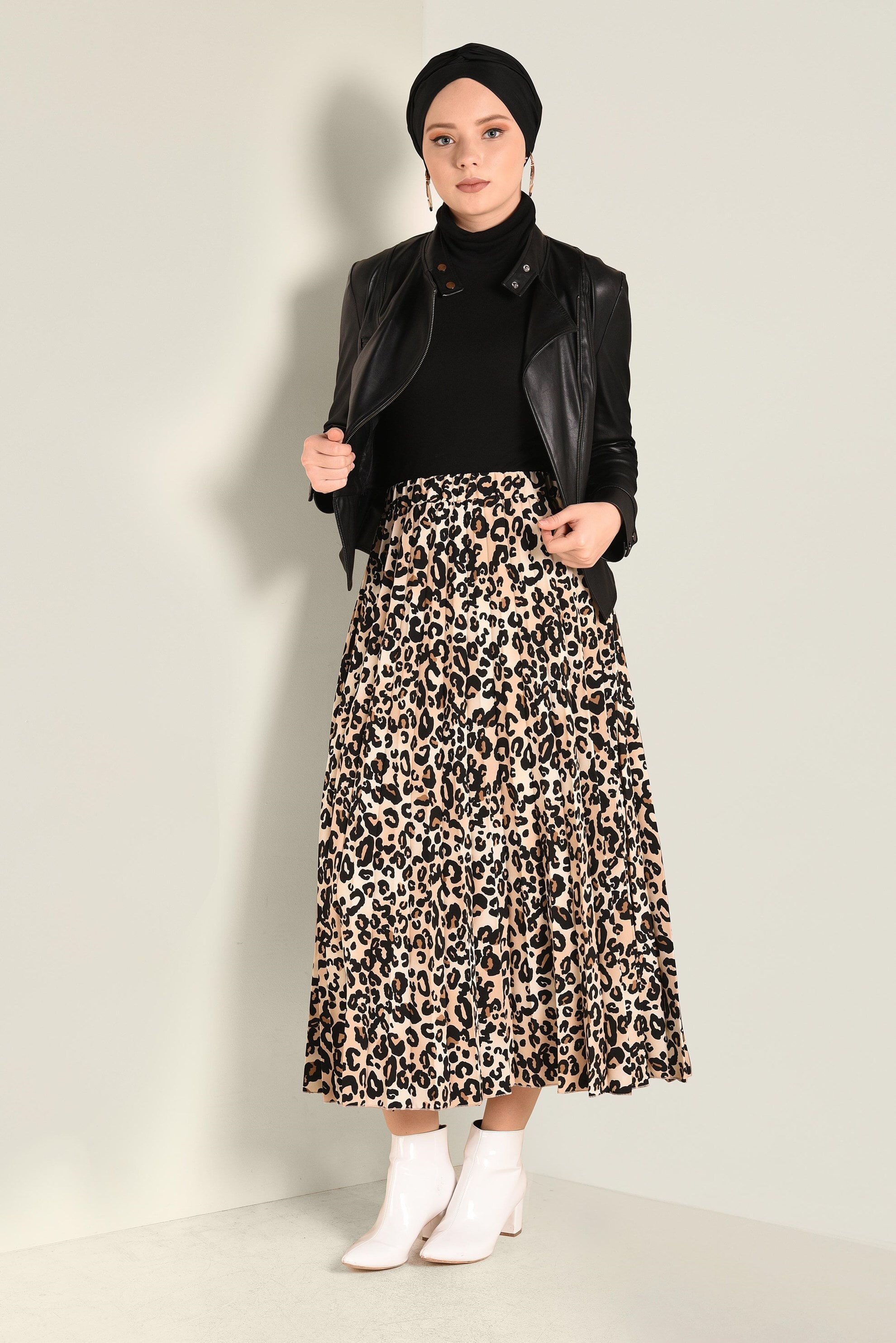 Tesettür giyim SİYAH LEOPAR DESENLİ ETEK 6284 