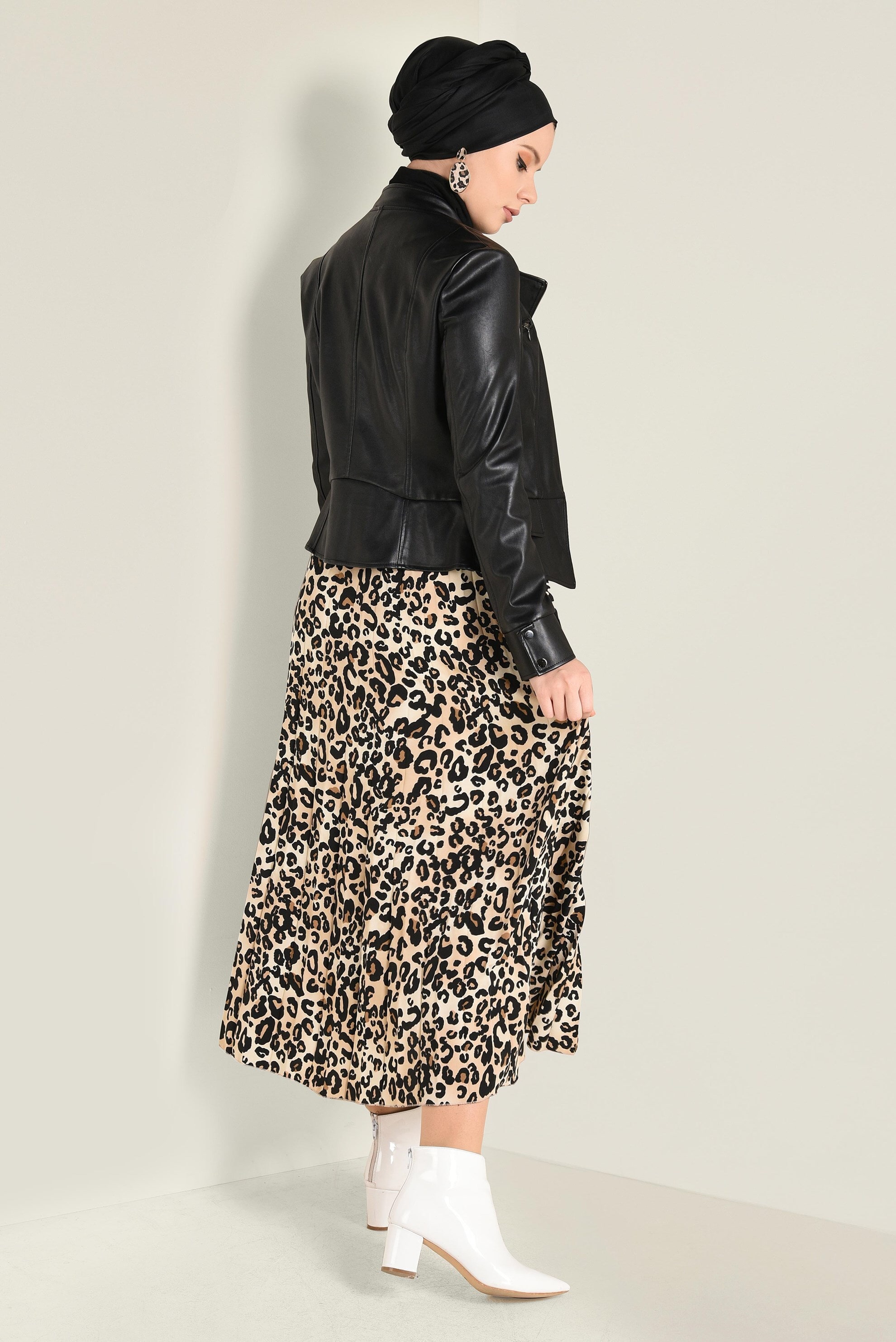Tesettür giyim SİYAH LEOPAR DESENLİ ETEK 6284 