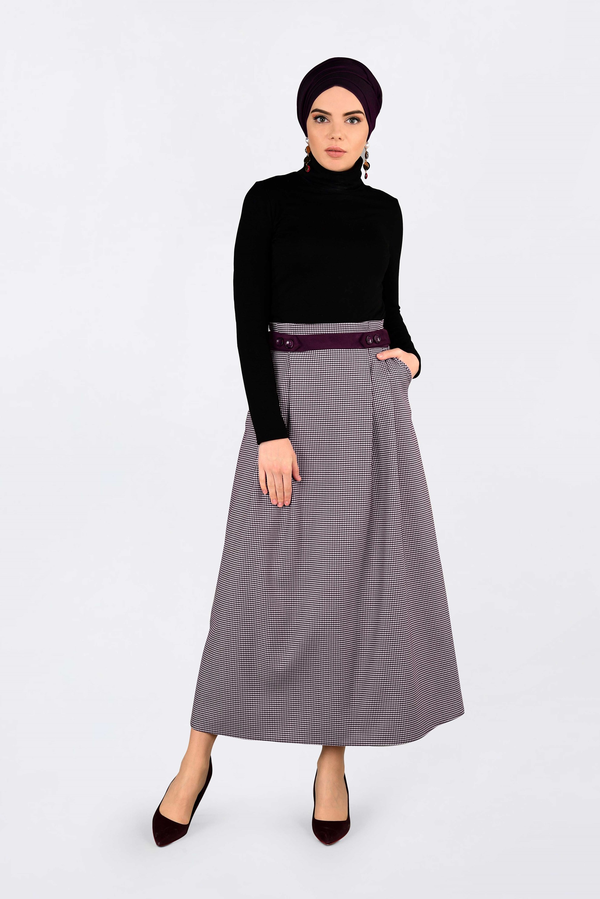 Tesettür giyim BORDO DÜĞME DETAYLI PİLELİ ETEK 6286