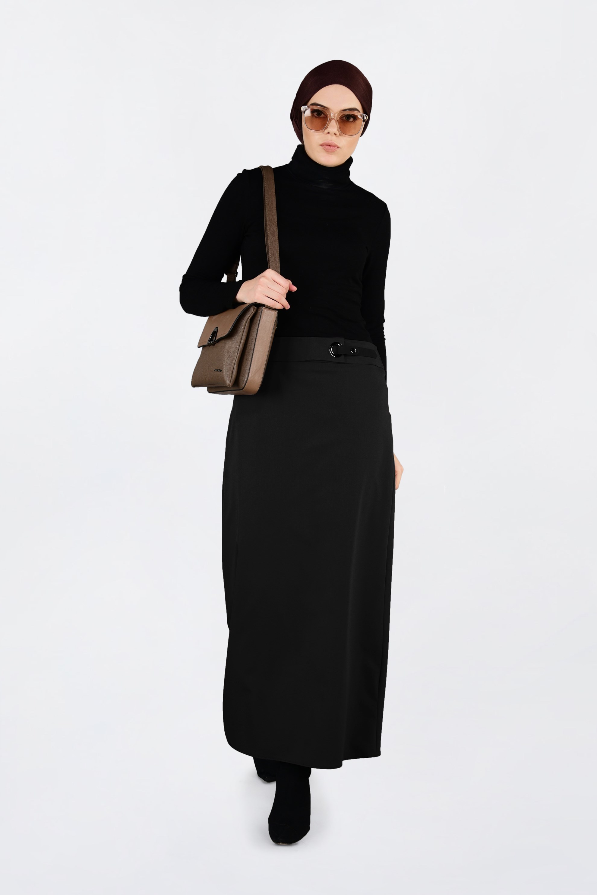 Tesettür giyim SİYAH KUŞ GÖZÜ DETAYLI GİZLİ YIRTMAÇLI ETEK 6288 