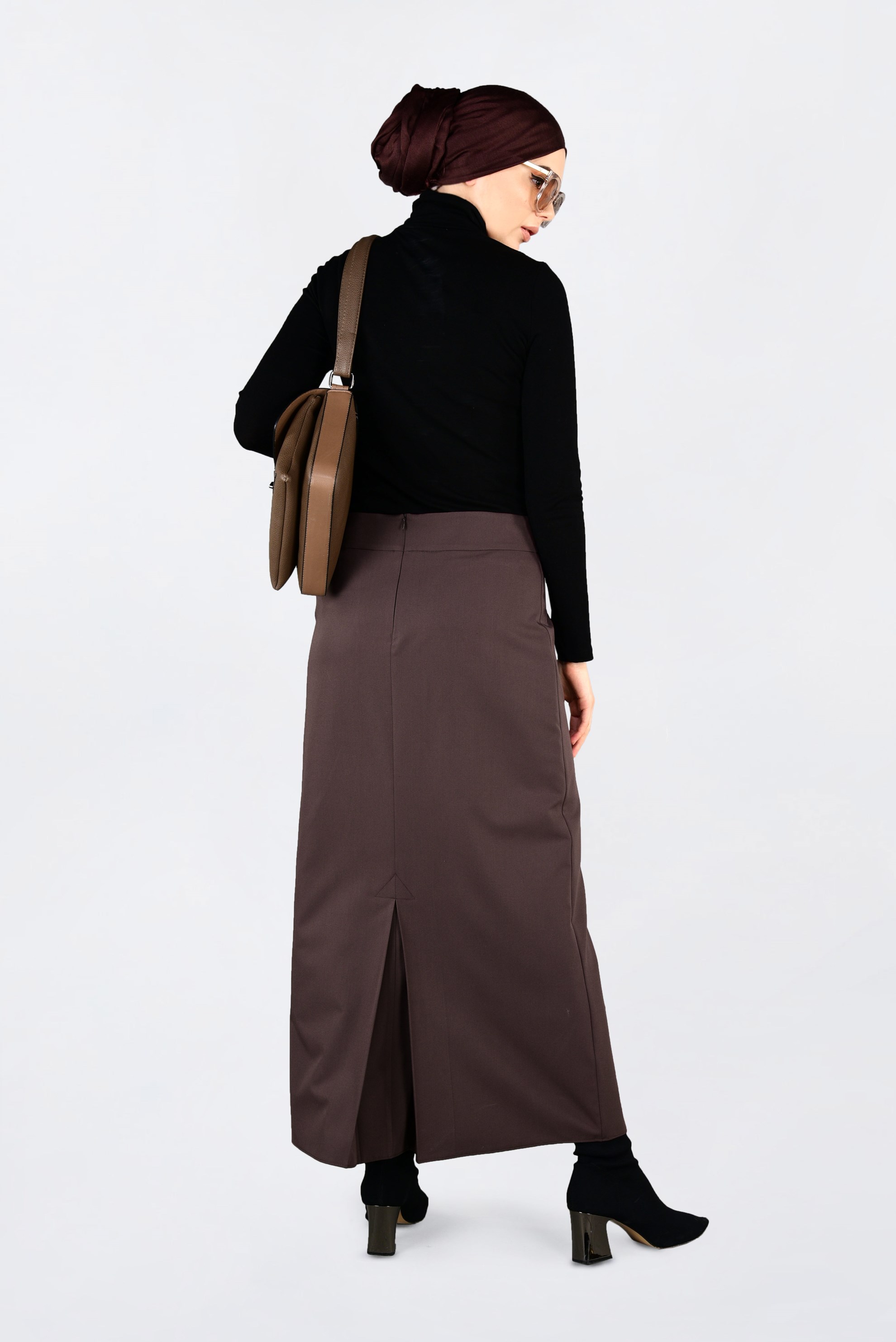 Tesettür giyim KAHVE KUŞ GÖZÜ DETAYLI GİZLİ YIRTMAÇLI ETEK 6288