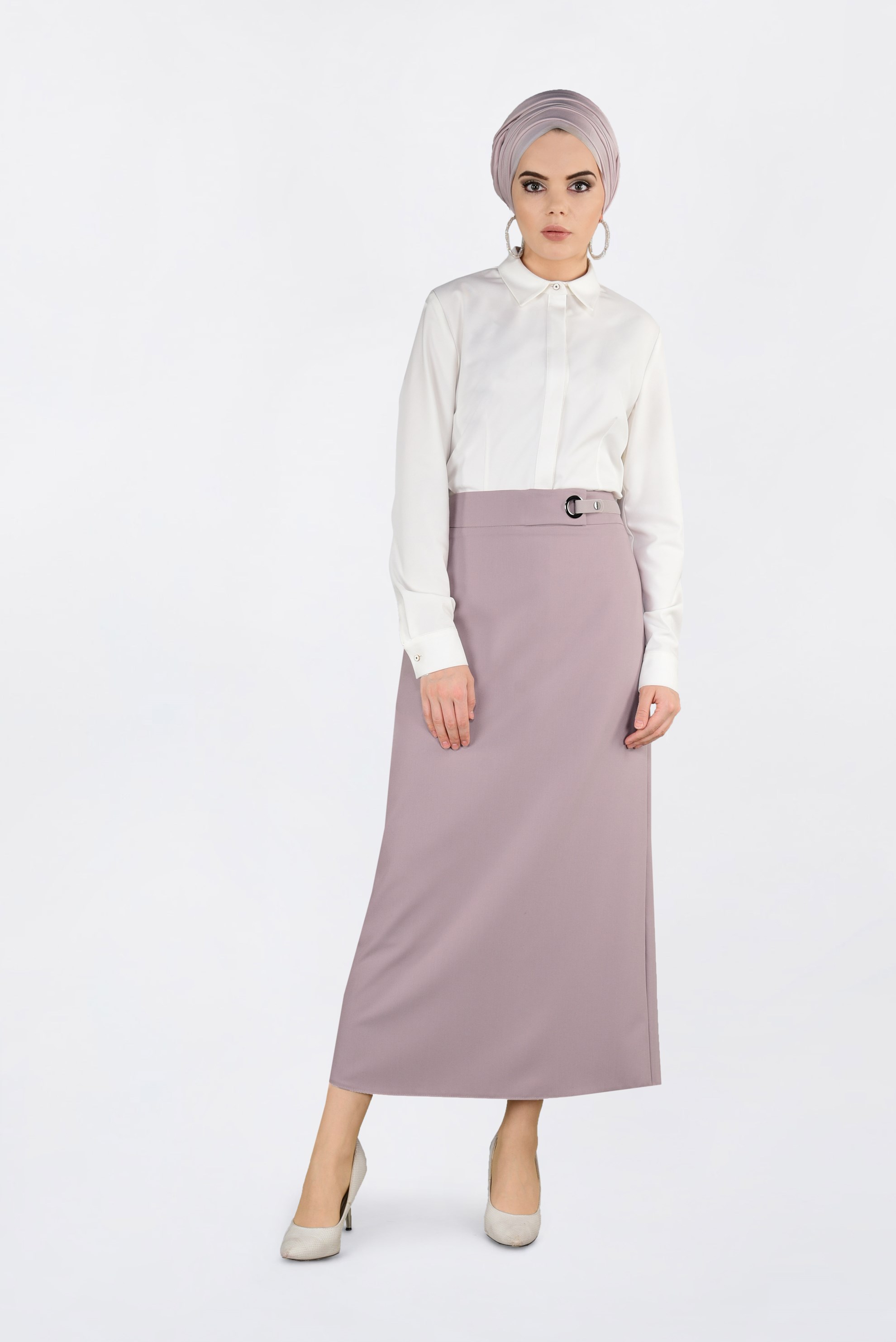 Tesettür giyim BEJ KUŞ GÖZÜ DETAYLI GİZLİ YIRTMAÇLI ETEK 6288 