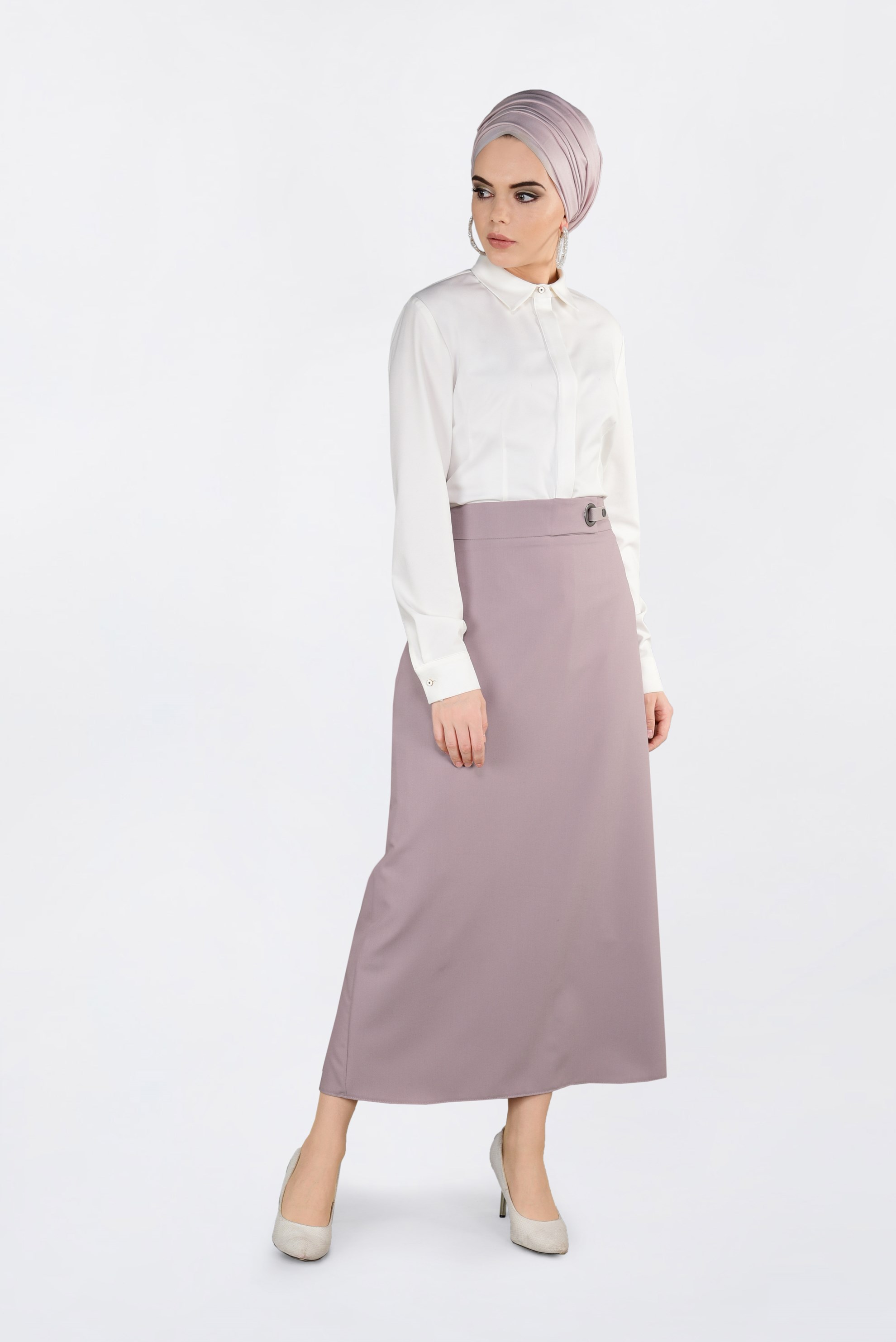 Tesettür giyim BEJ KUŞ GÖZÜ DETAYLI GİZLİ YIRTMAÇLI ETEK 6288 