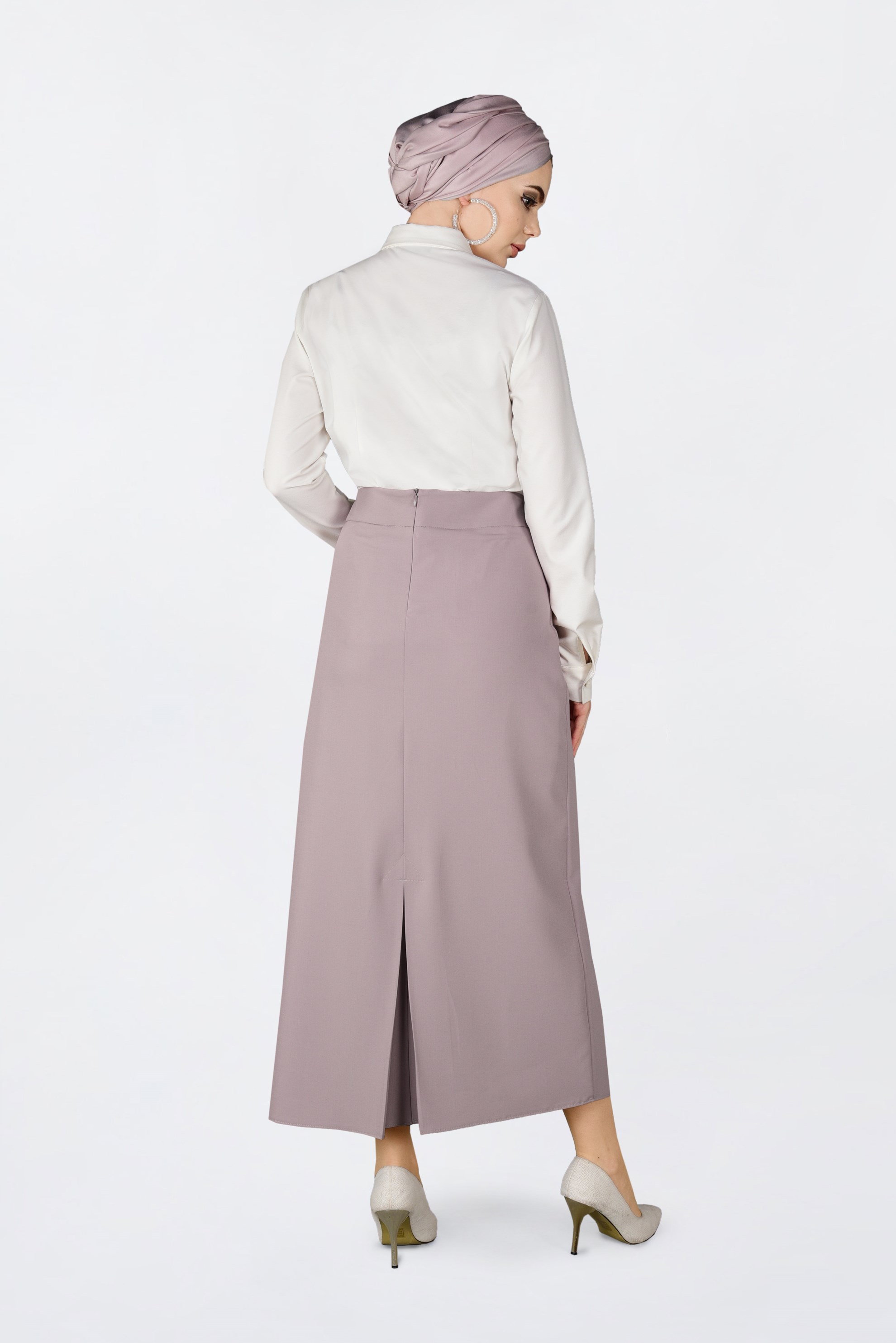 Tesettür giyim BEJ KUŞ GÖZÜ DETAYLI GİZLİ YIRTMAÇLI ETEK 6288 