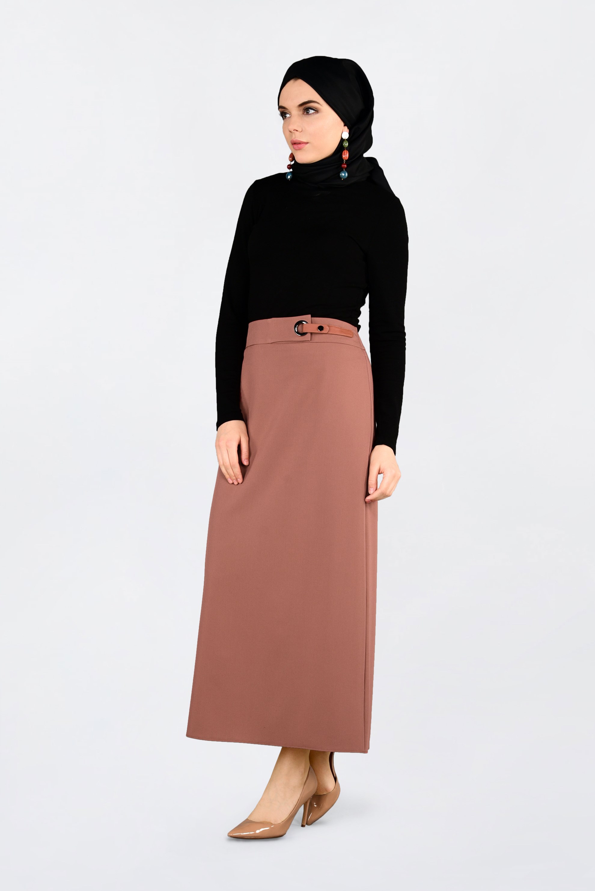 Tesettür giyim TURUNCU KUŞ GÖZÜ DETAYLI GİZLİ YIRTMAÇLI ETEK 6288