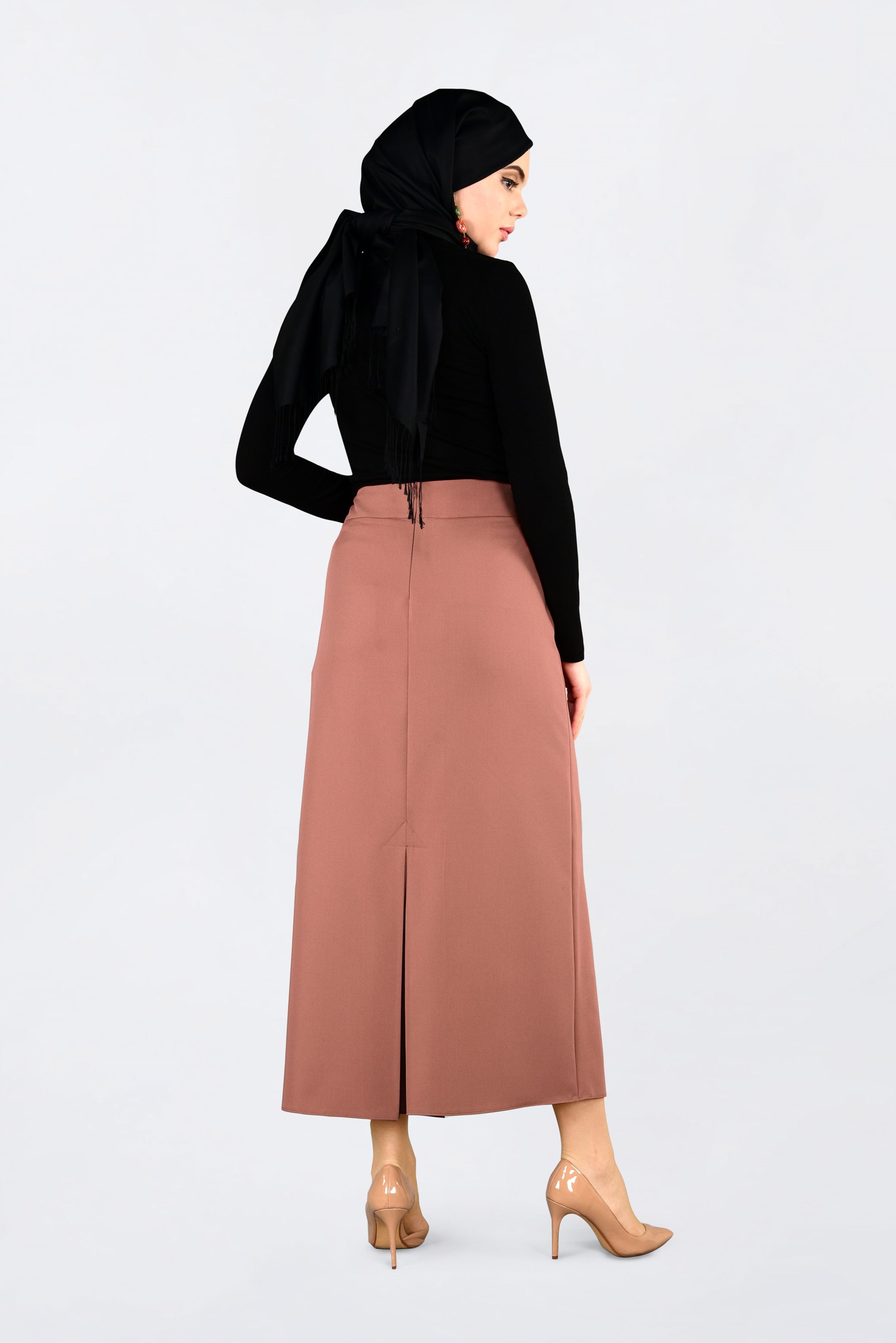 Tesettür giyim TURUNCU KUŞ GÖZÜ DETAYLI GİZLİ YIRTMAÇLI ETEK 6288