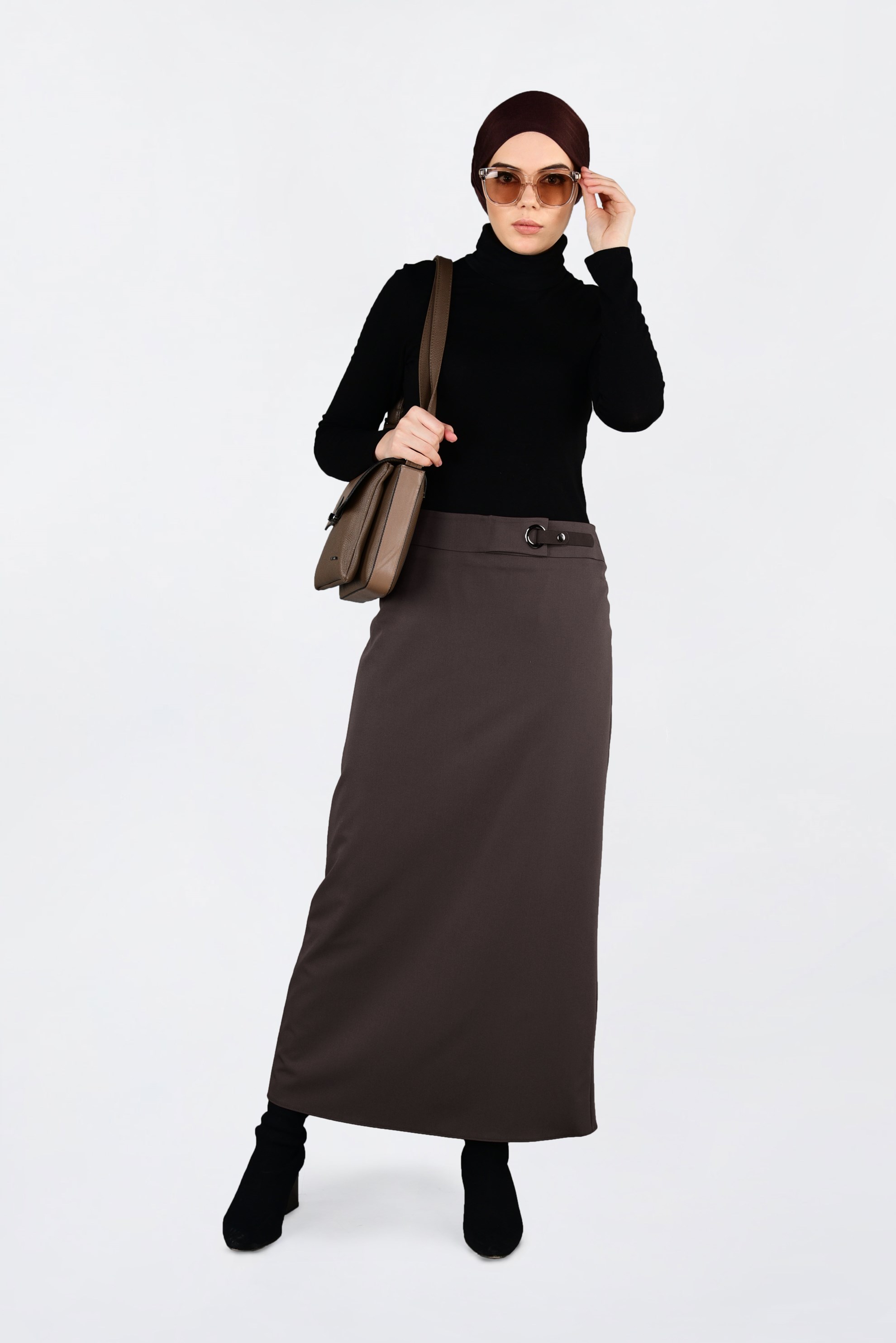 Tesettür giyim KAHVE KUŞ GÖZÜ DETAYLI GİZLİ YIRTMAÇLI ETEK 6288 