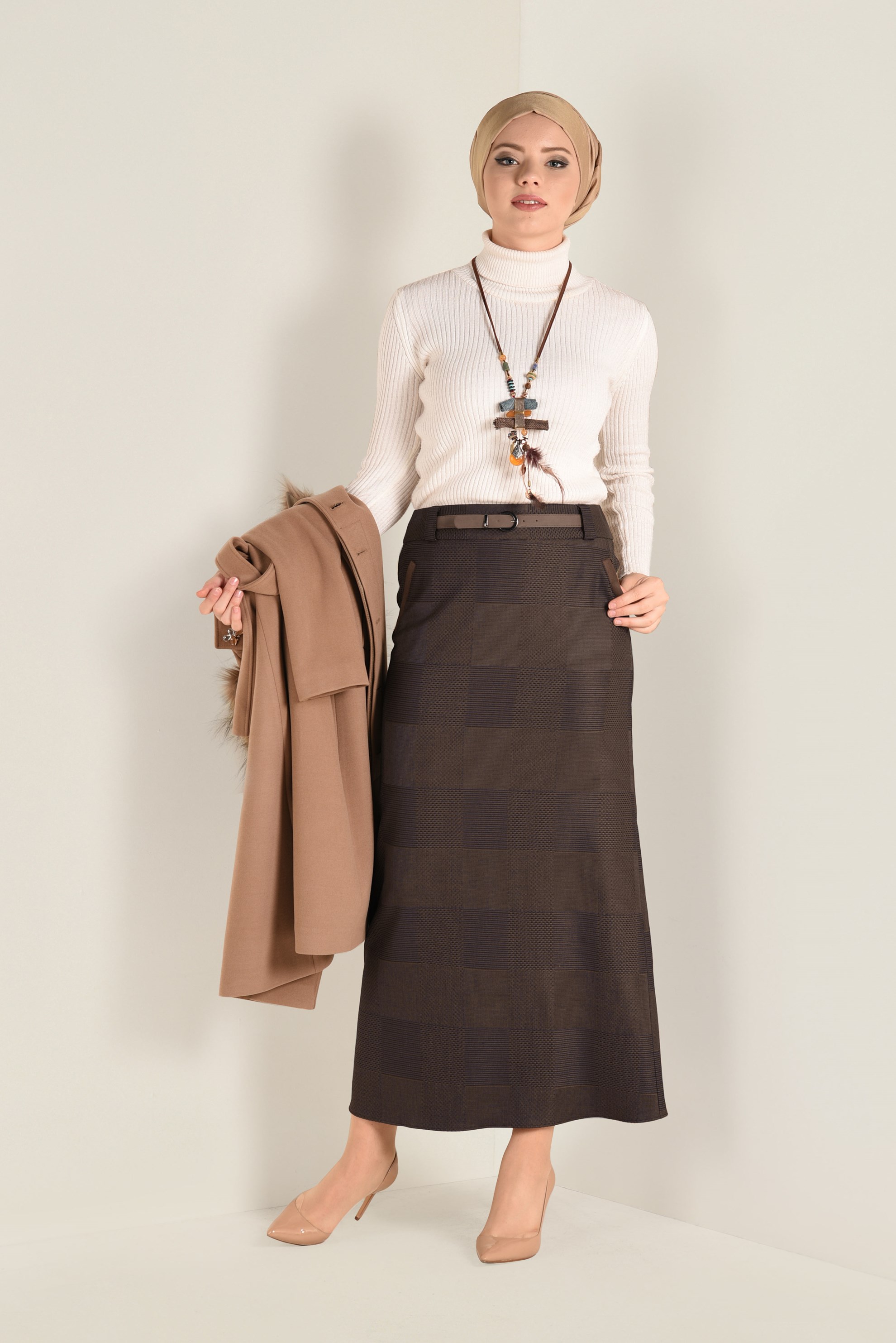 Tesettür giyim KAHVE DESENLİ KALEM ETEK 6289