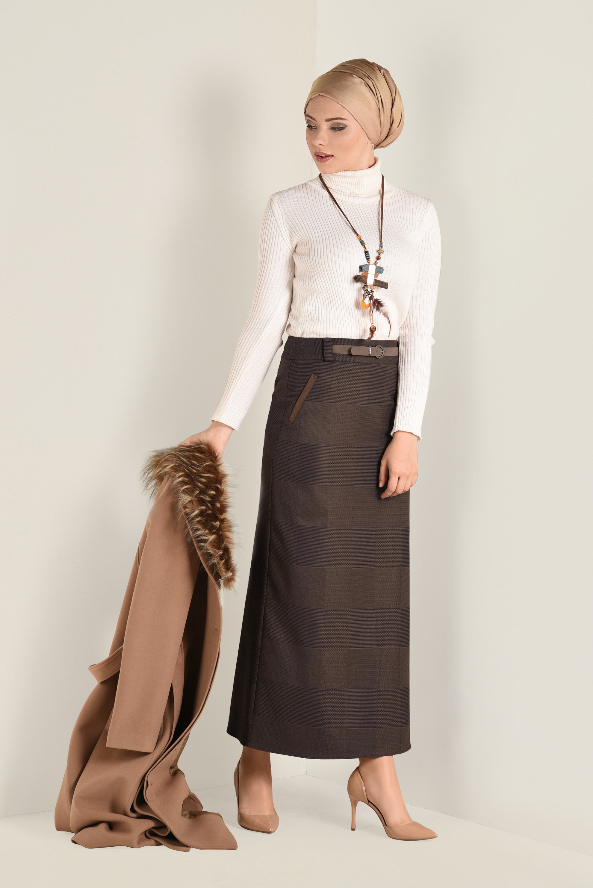 Tesettür giyim KAHVE DESENLİ KALEM ETEK 6289