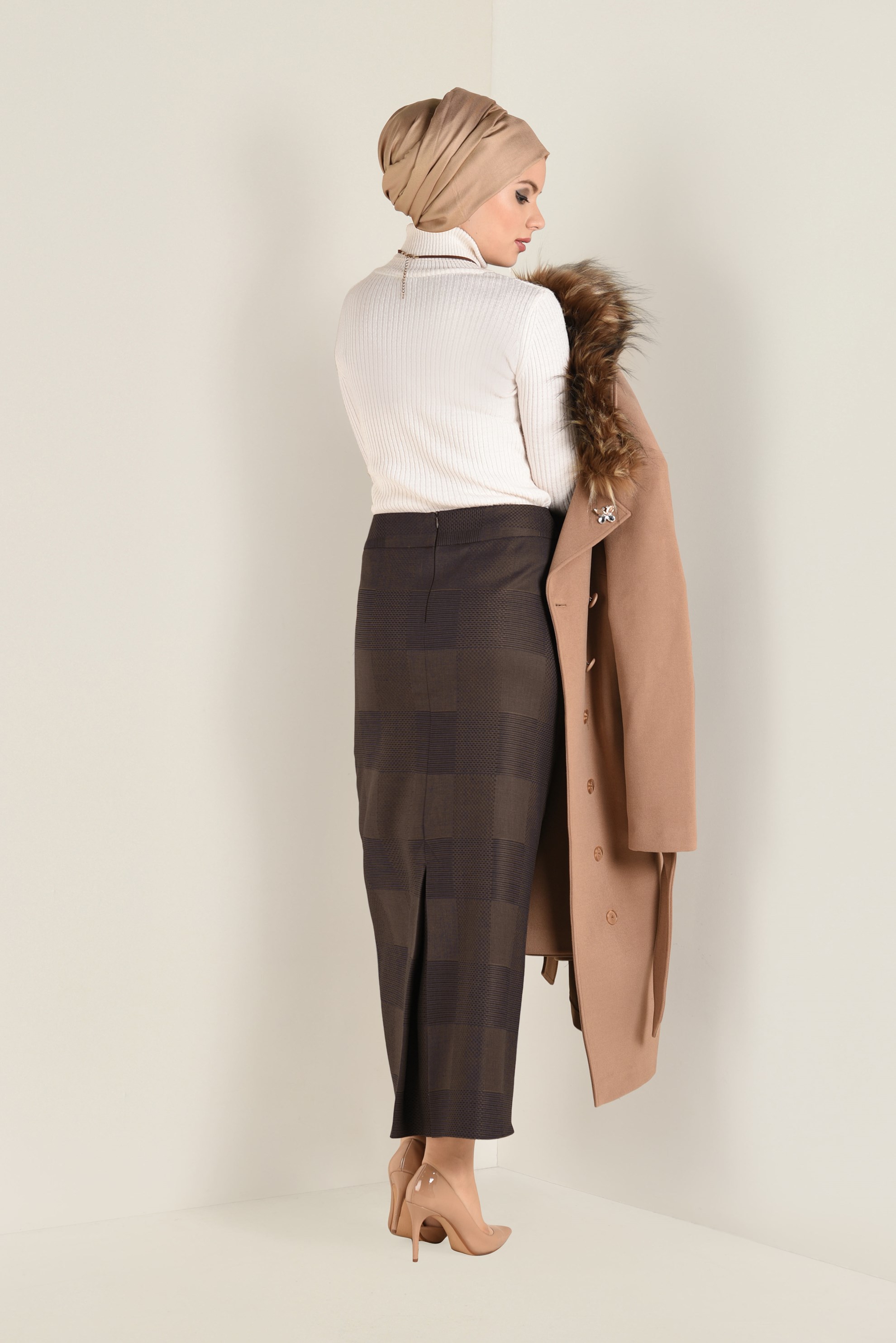 Tesettür giyim KAHVE DESENLİ KALEM ETEK 6289