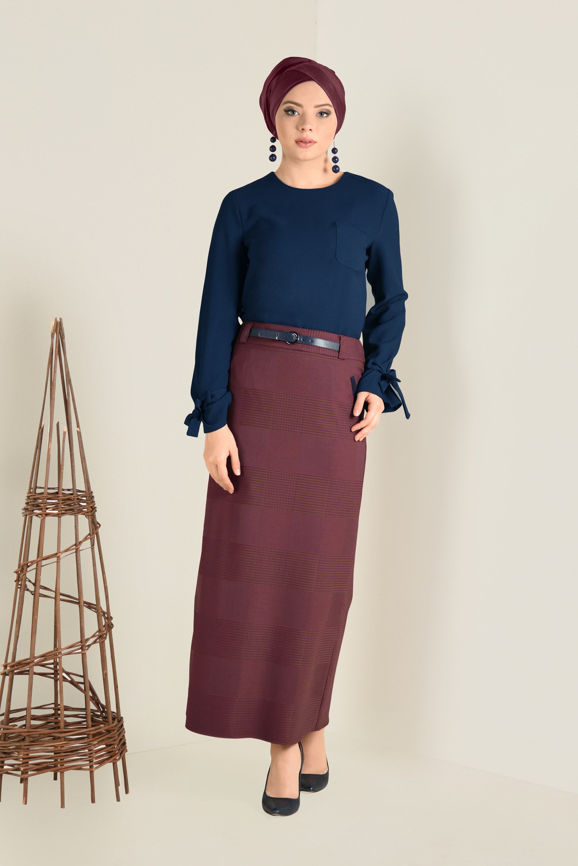 Tesettür giyim TURUNCU DESENLİ KALEM ETEK 6289