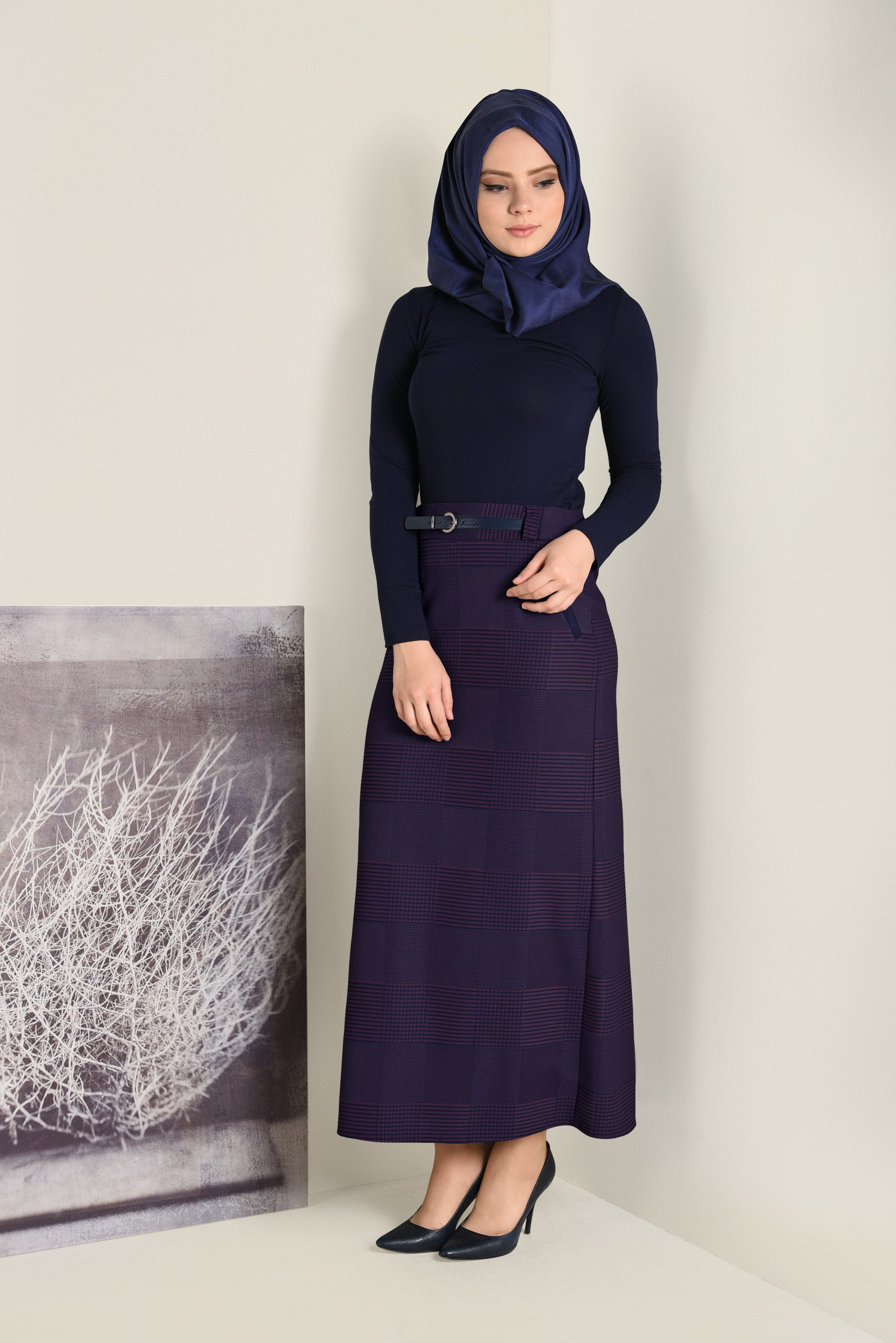 Tesettür giyim LACİVERT DESENLİ KALEM ETEK 6289