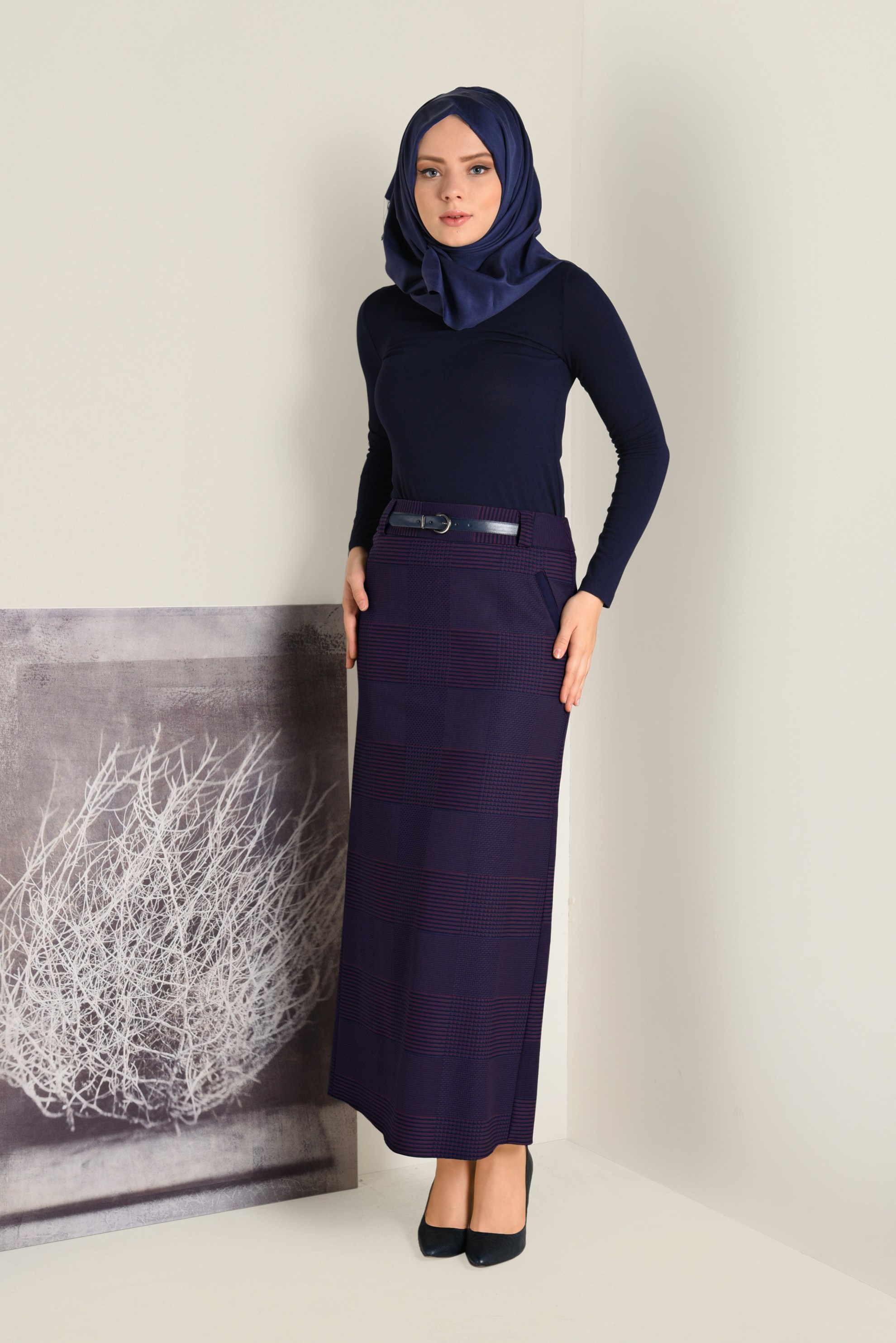 Tesettür giyim LACİVERT DESENLİ KALEM ETEK 6289