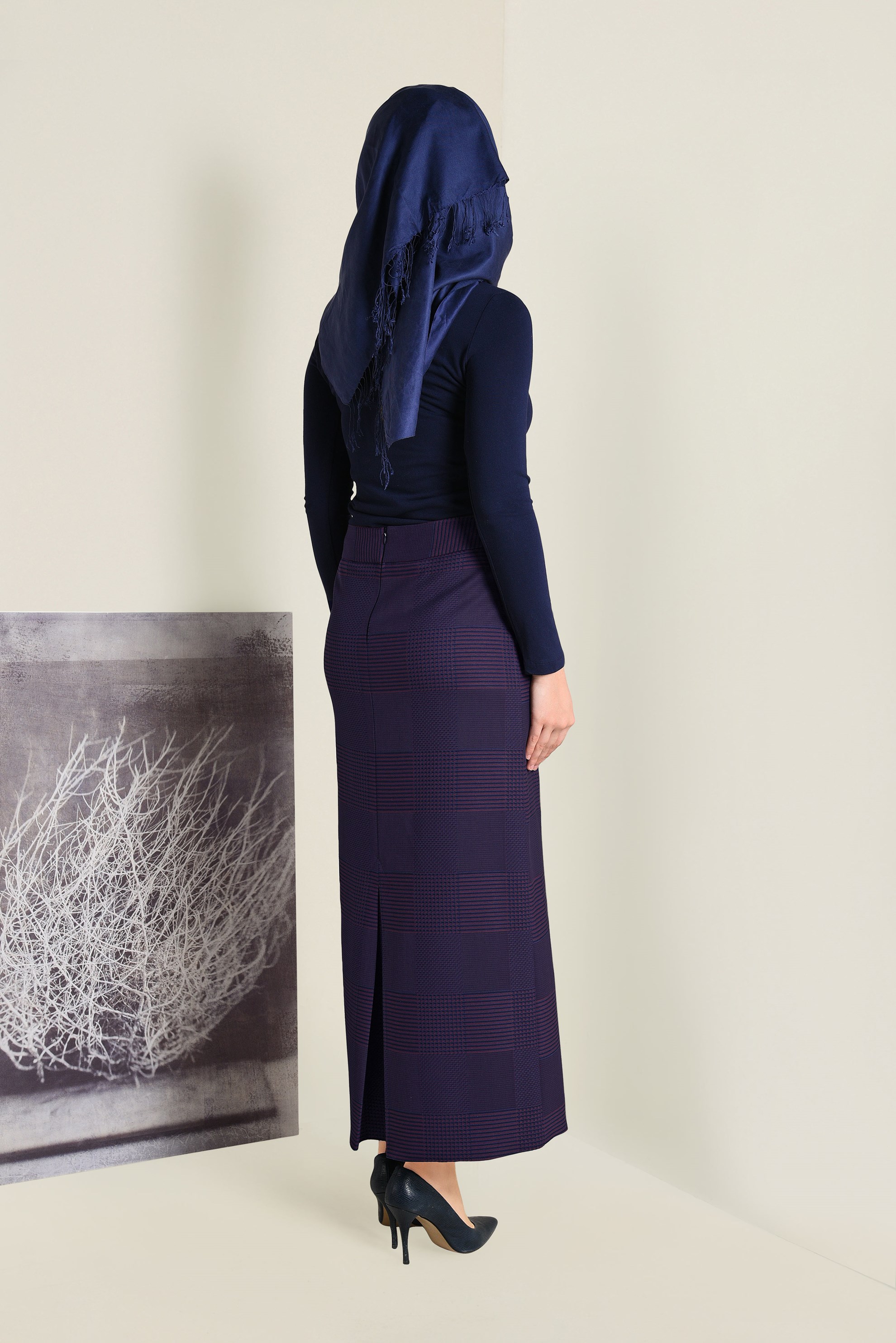 Tesettür giyim LACİVERT DESENLİ KALEM ETEK 6289