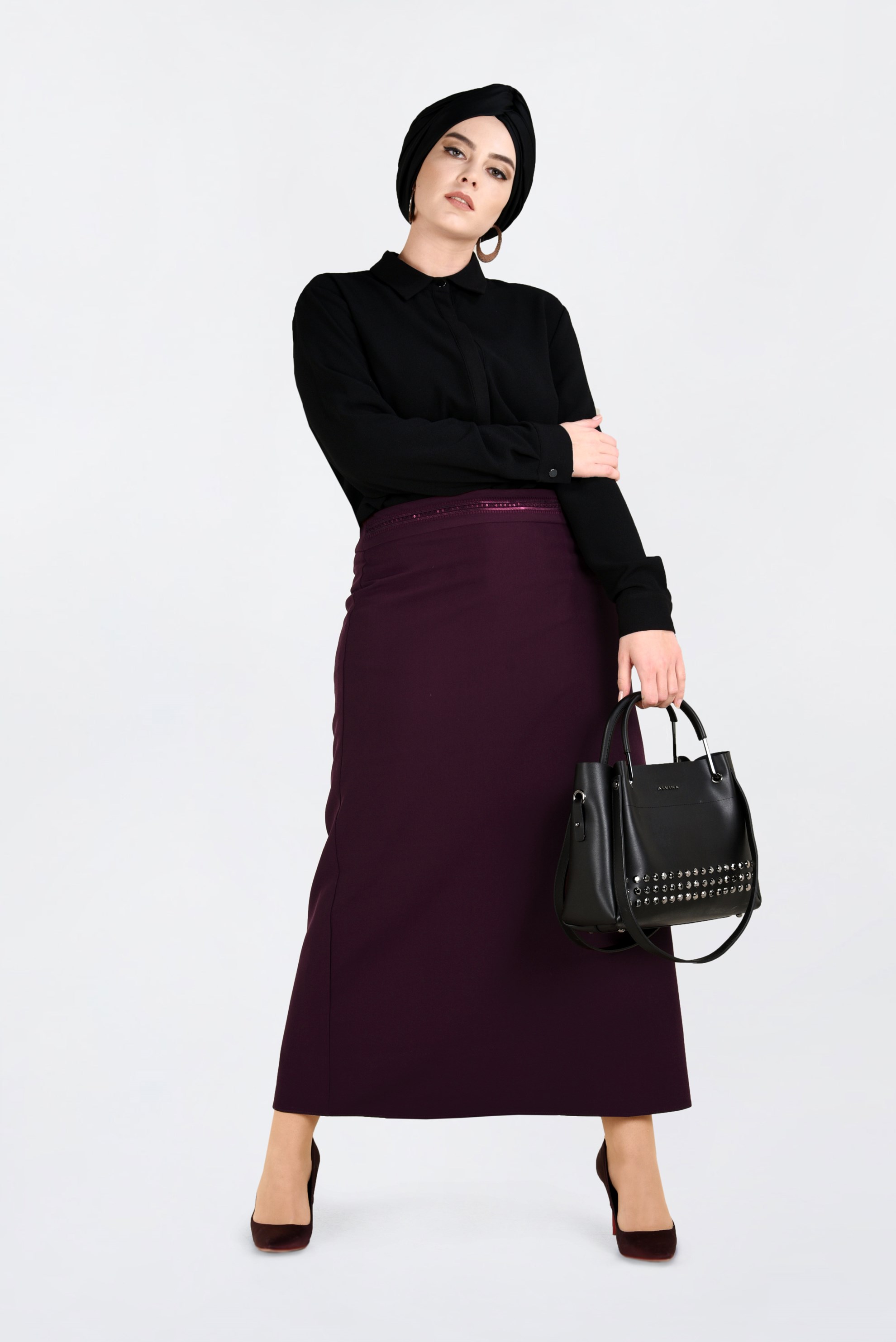 Tesettür giyim BORDO PUL DETAYLI ETEK 6290