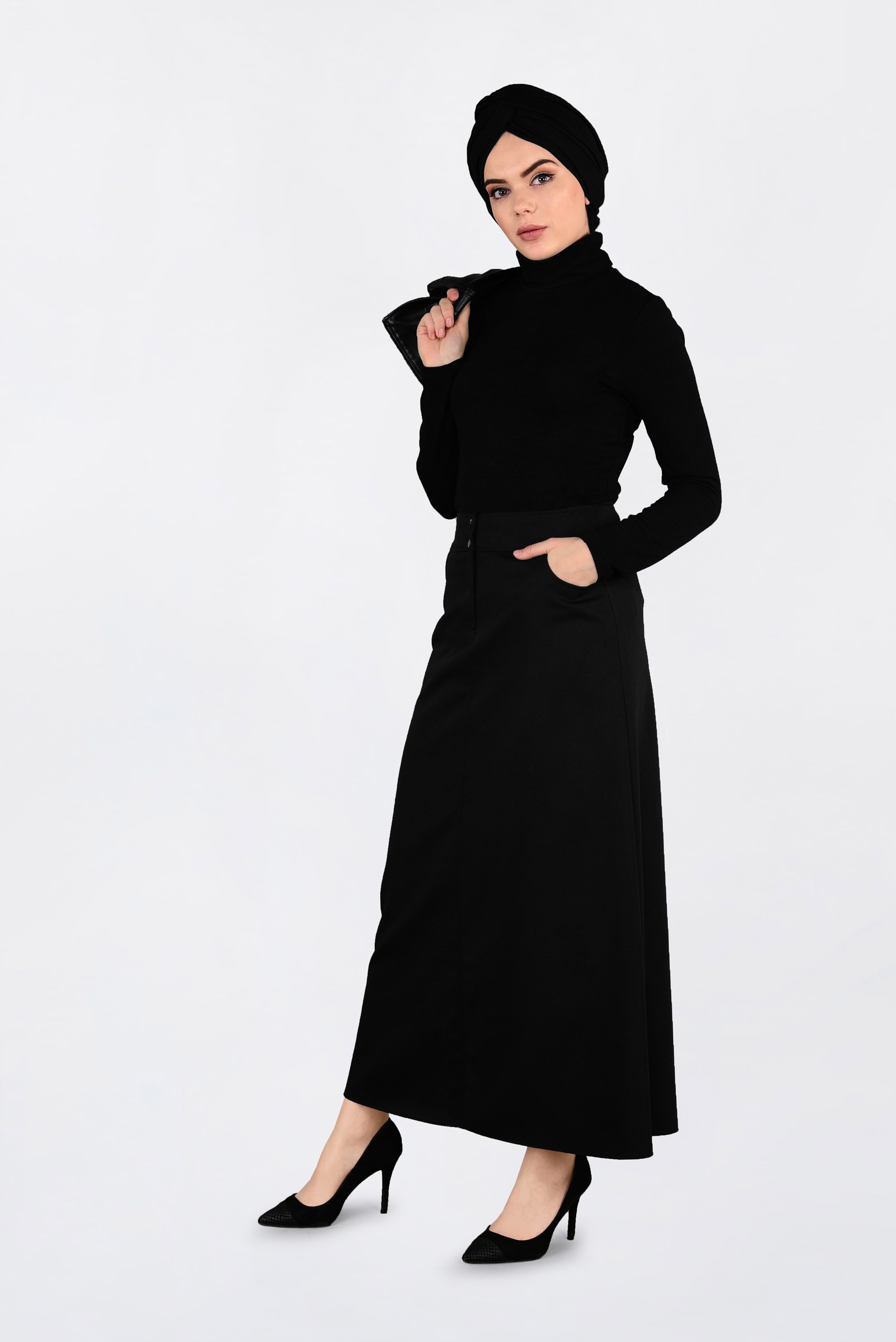 Tesettür giyim SİYAH CEP DETAYLI KLASİK ETEK 6292