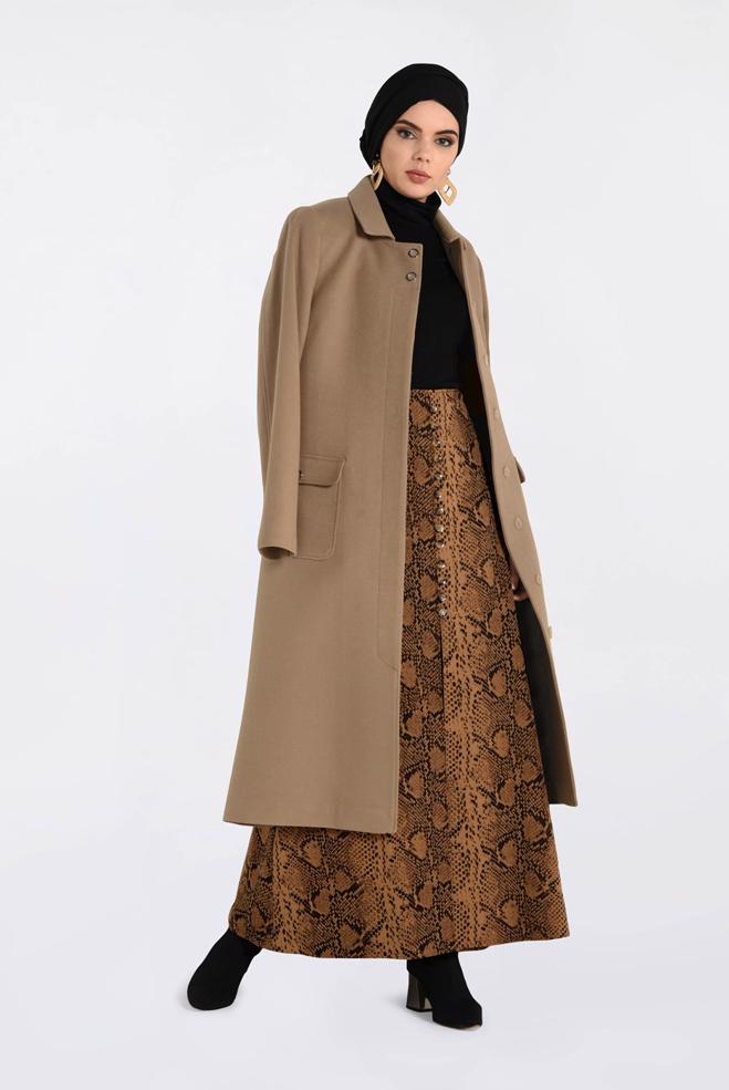 Tesettür giyim  YILAN DERİSİ DESENLİ DÜĞME DETAYLI ETEK 6295  - ALVİNA