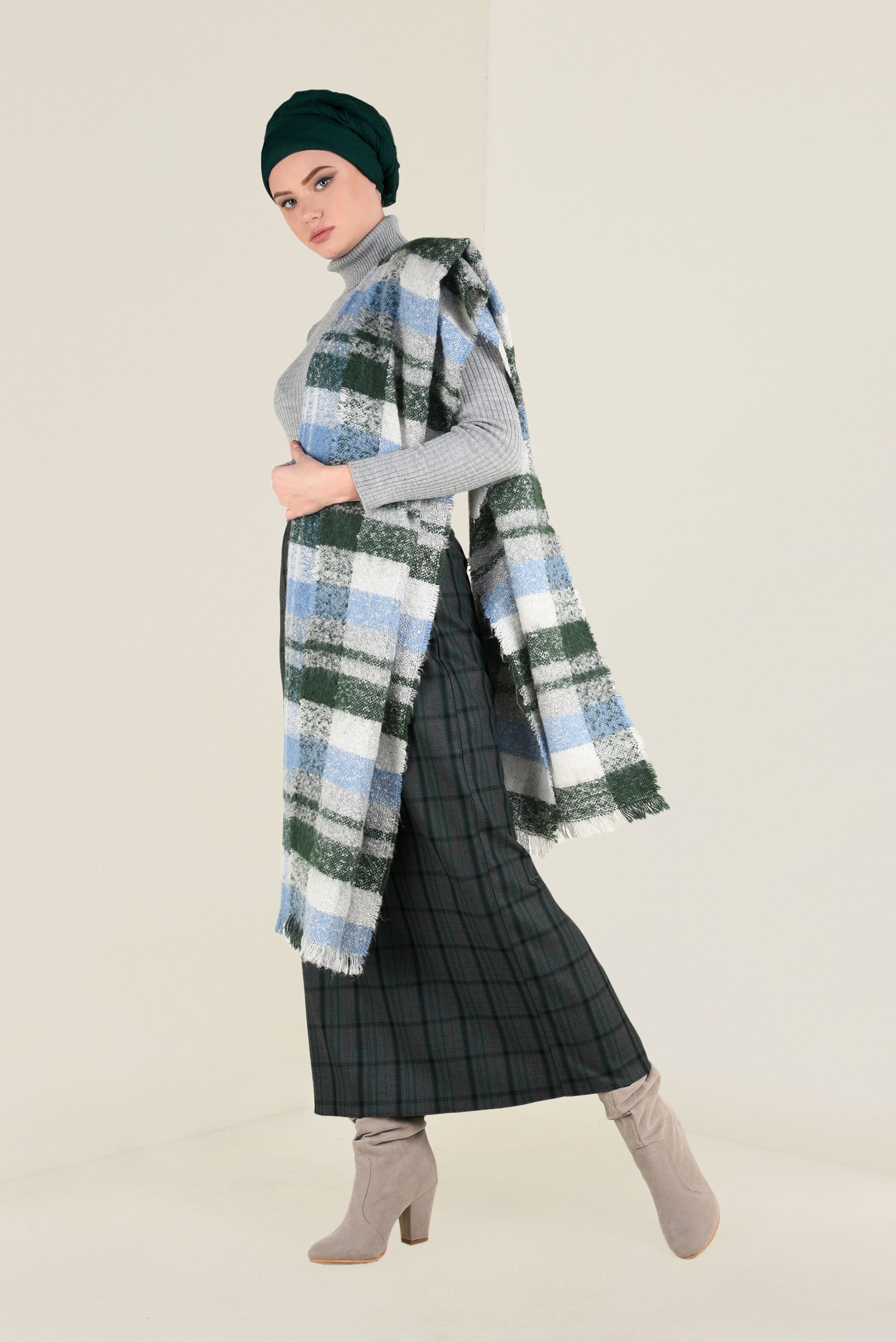 Tesettür giyim SİYAH EKOSE DESENLİ YÜKSEK BEL ETEK 6297