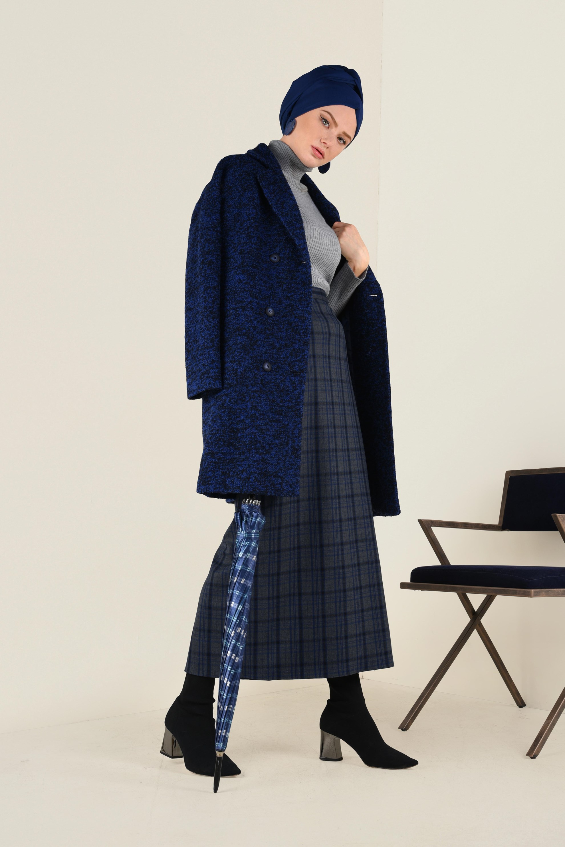 Tesettür giyim GRİ EKOSE DESENLİ YÜKSEK BEL ETEK 6297