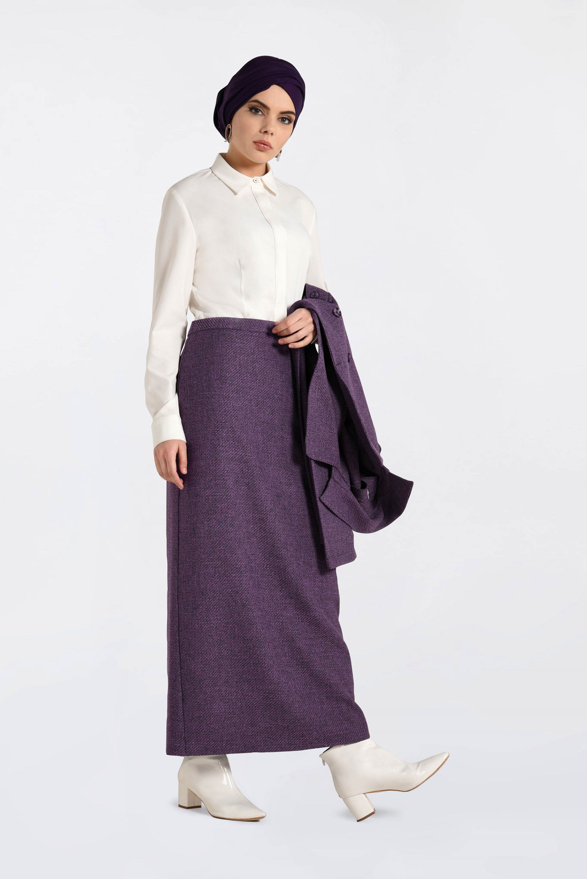 Tesettür giyim MOR FERMUARLI KLASİK KALEM ETEK 6298