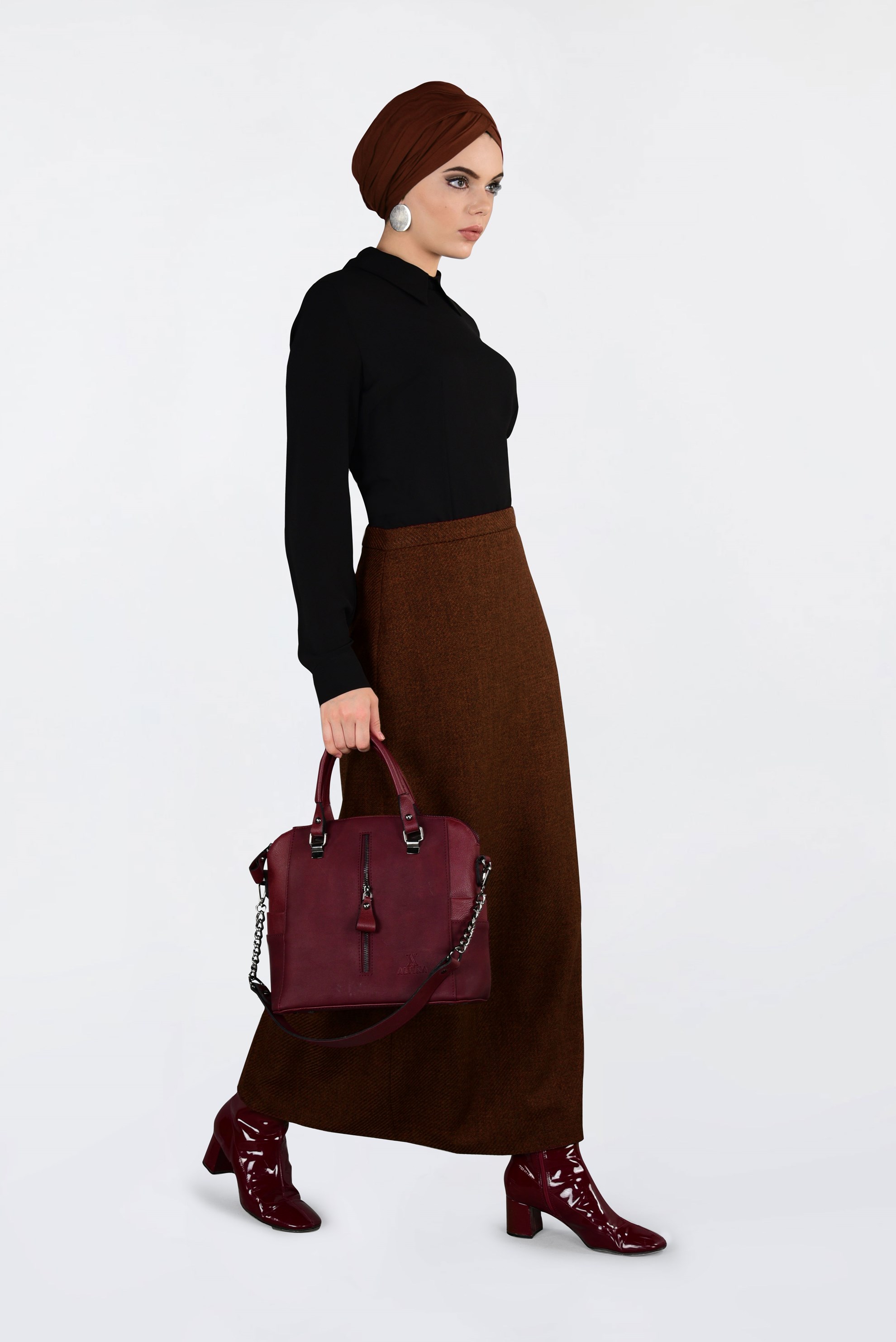 Tesettür giyim TABA FERMUARLI KLASİK KALEM ETEK 6298