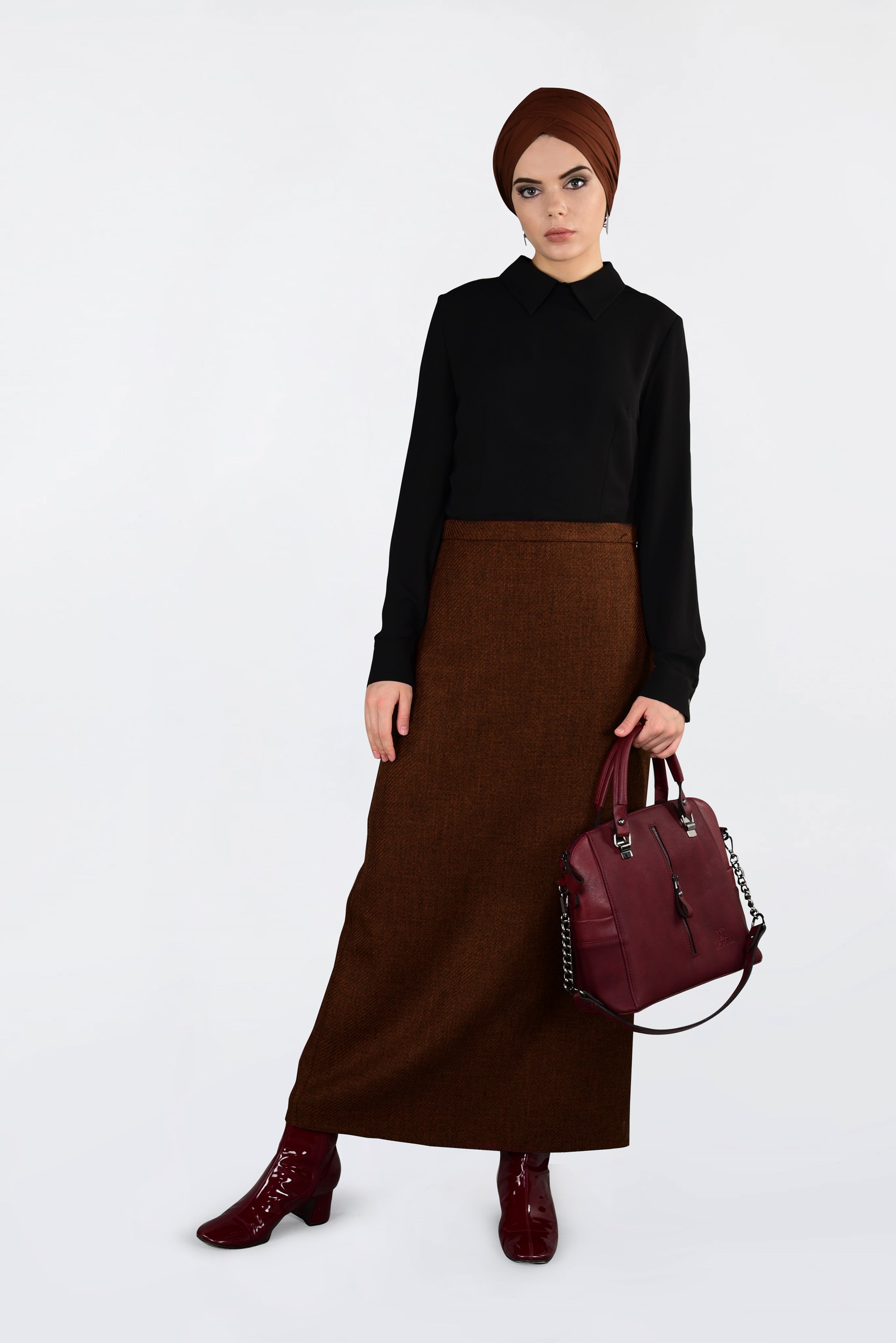 Tesettür giyim TABA FERMUARLI KLASİK KALEM ETEK 6298