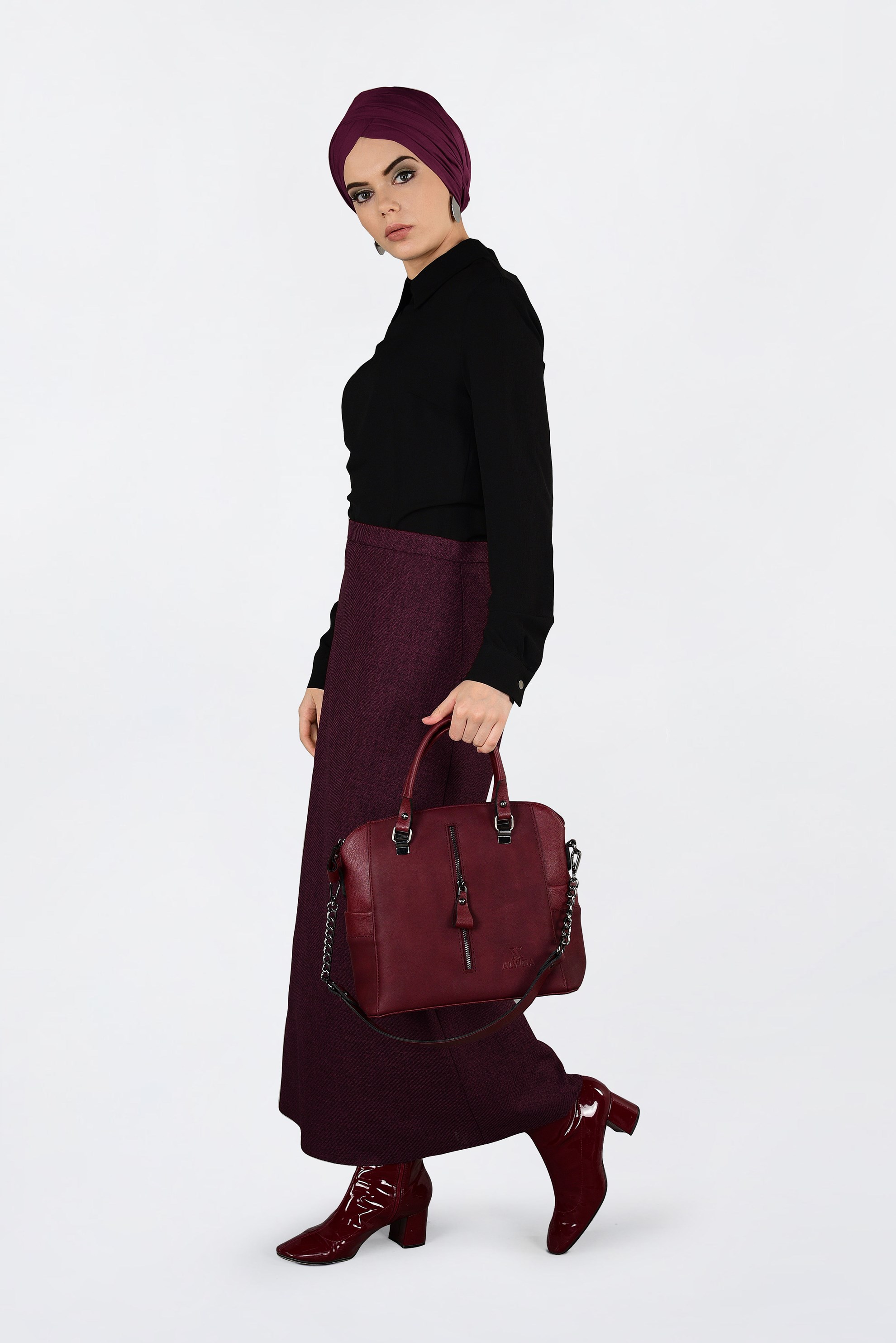 Tesettür giyim BORDO FERMUARLI KLASİK KALEM ETEK 6298