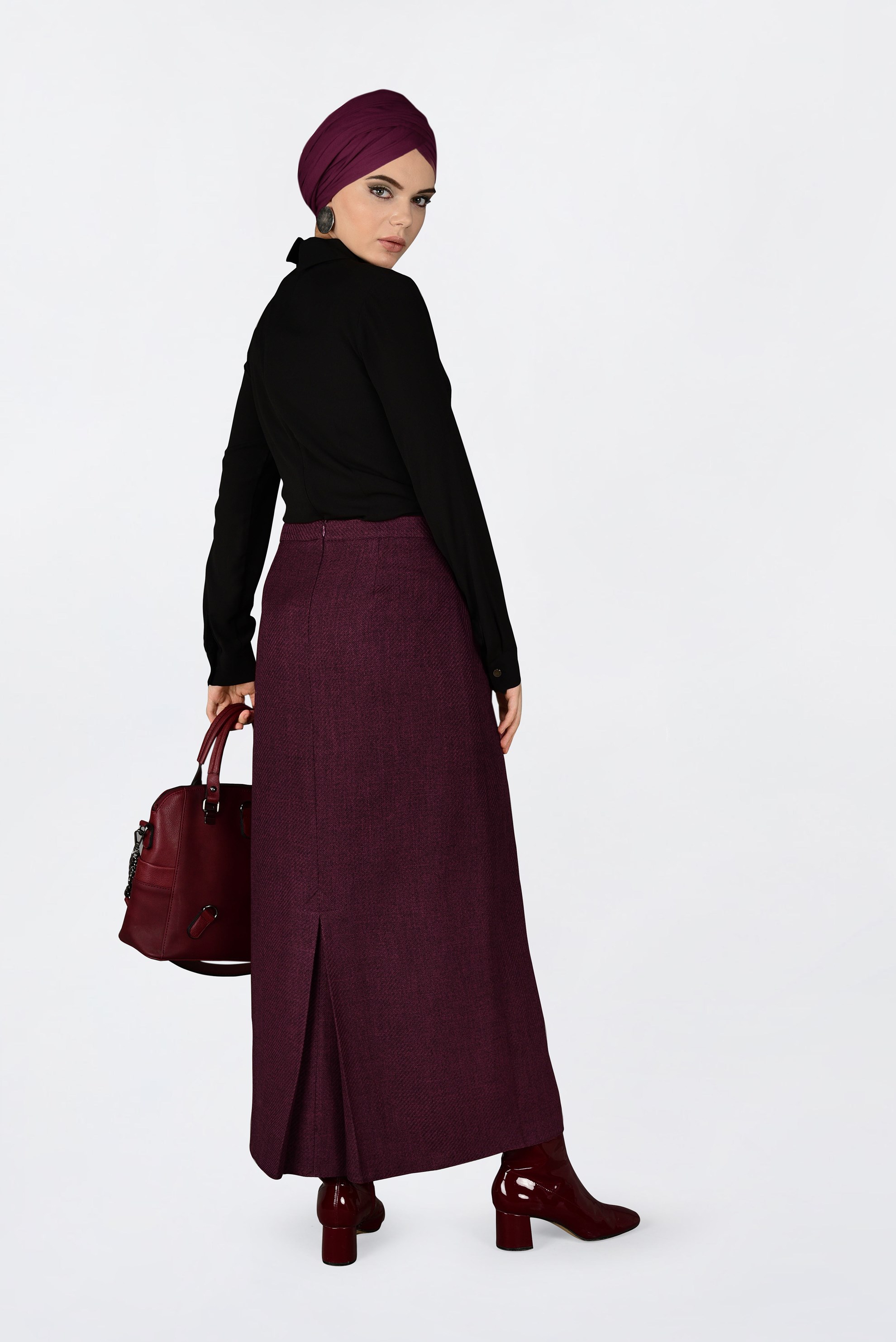 Tesettür giyim BORDO FERMUARLI KLASİK KALEM ETEK 6298