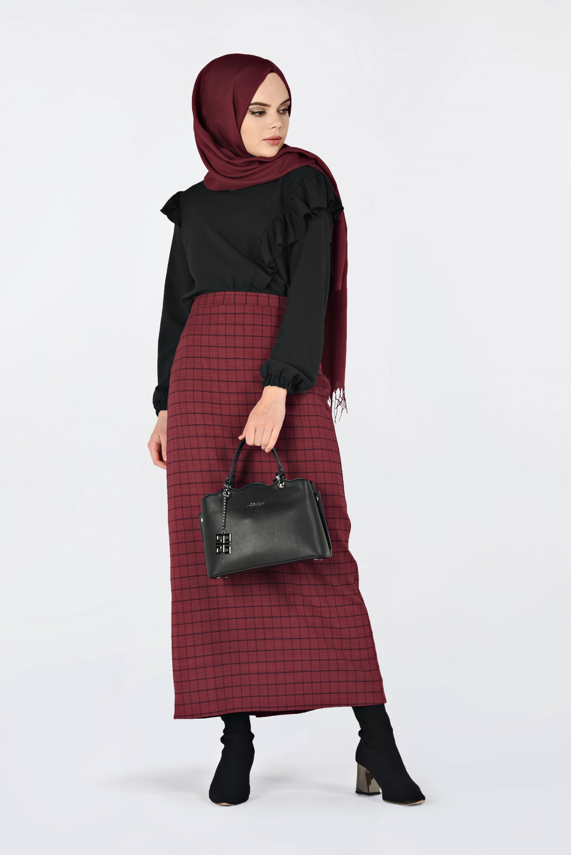 Tesettür giyim KIRMIZI KARELİ GİZLİ YIRTMAÇLI ETEK 6299 