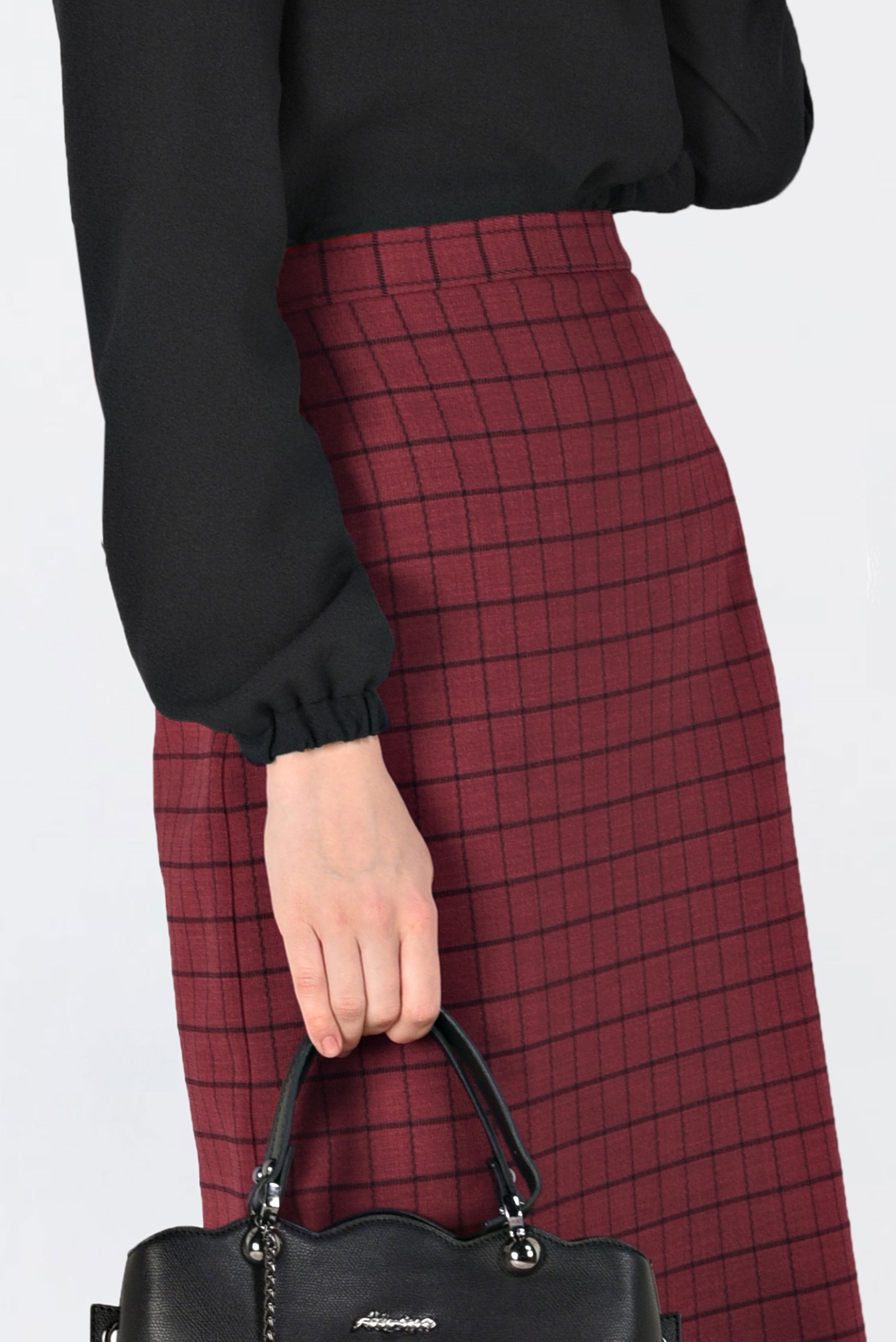 Tesettür giyim KIRMIZI KARELİ GİZLİ YIRTMAÇLI ETEK 6299 