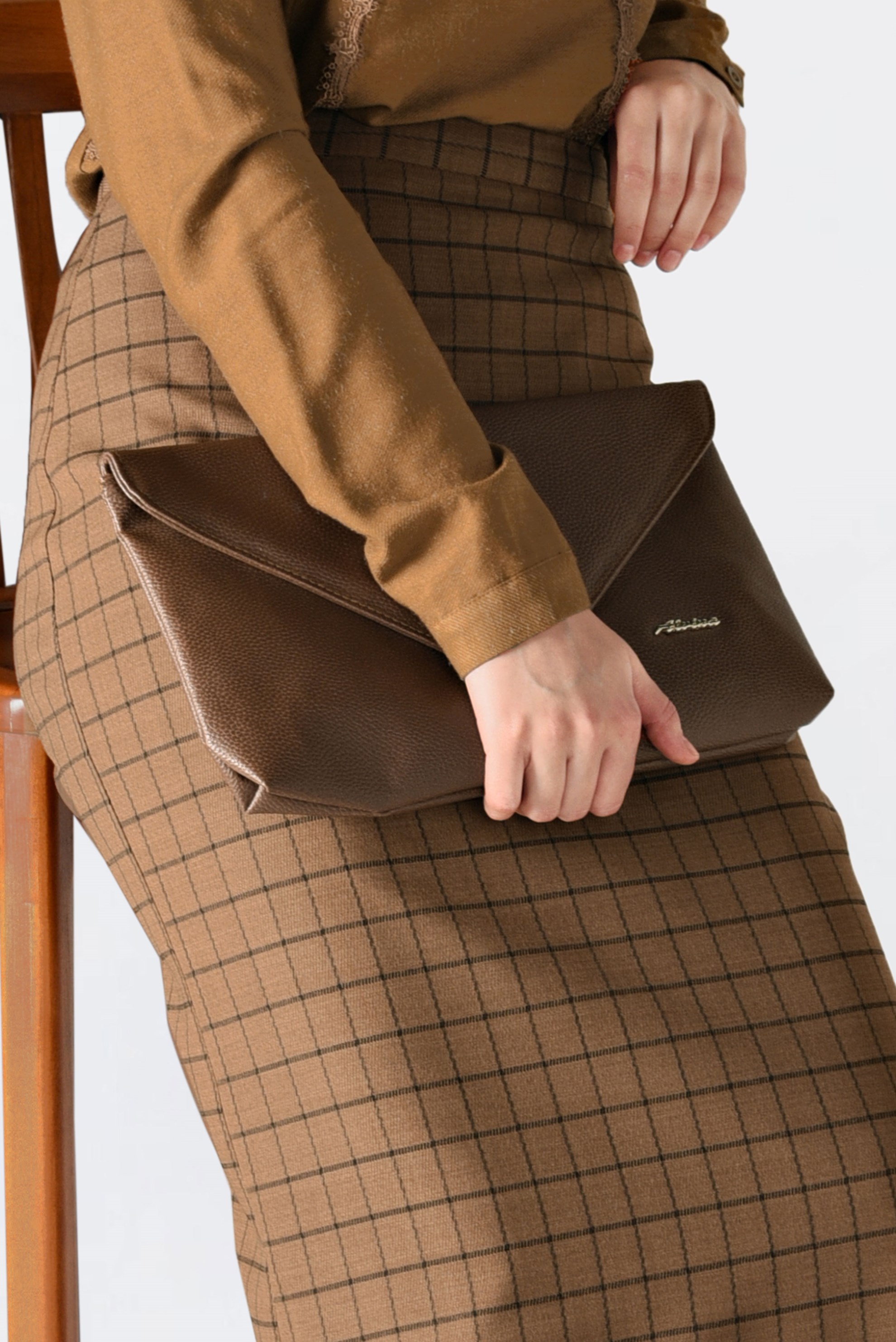 Tesettür giyim KAHVE KARELİ GİZLİ YIRTMAÇLI ETEK 6299 