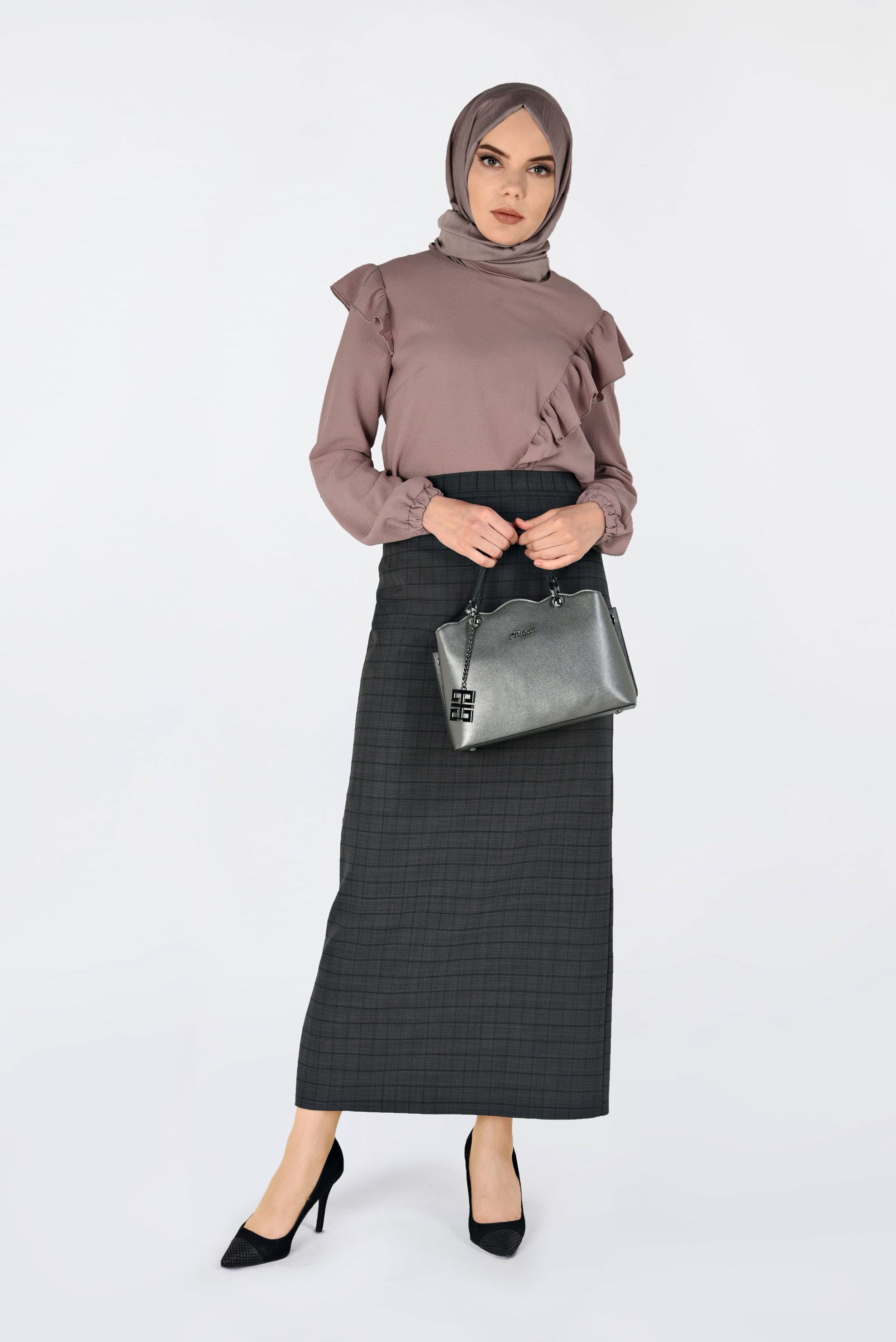 Tesettür giyim GRİ KARELİ GİZLİ YIRTMAÇLI ETEK 6299 