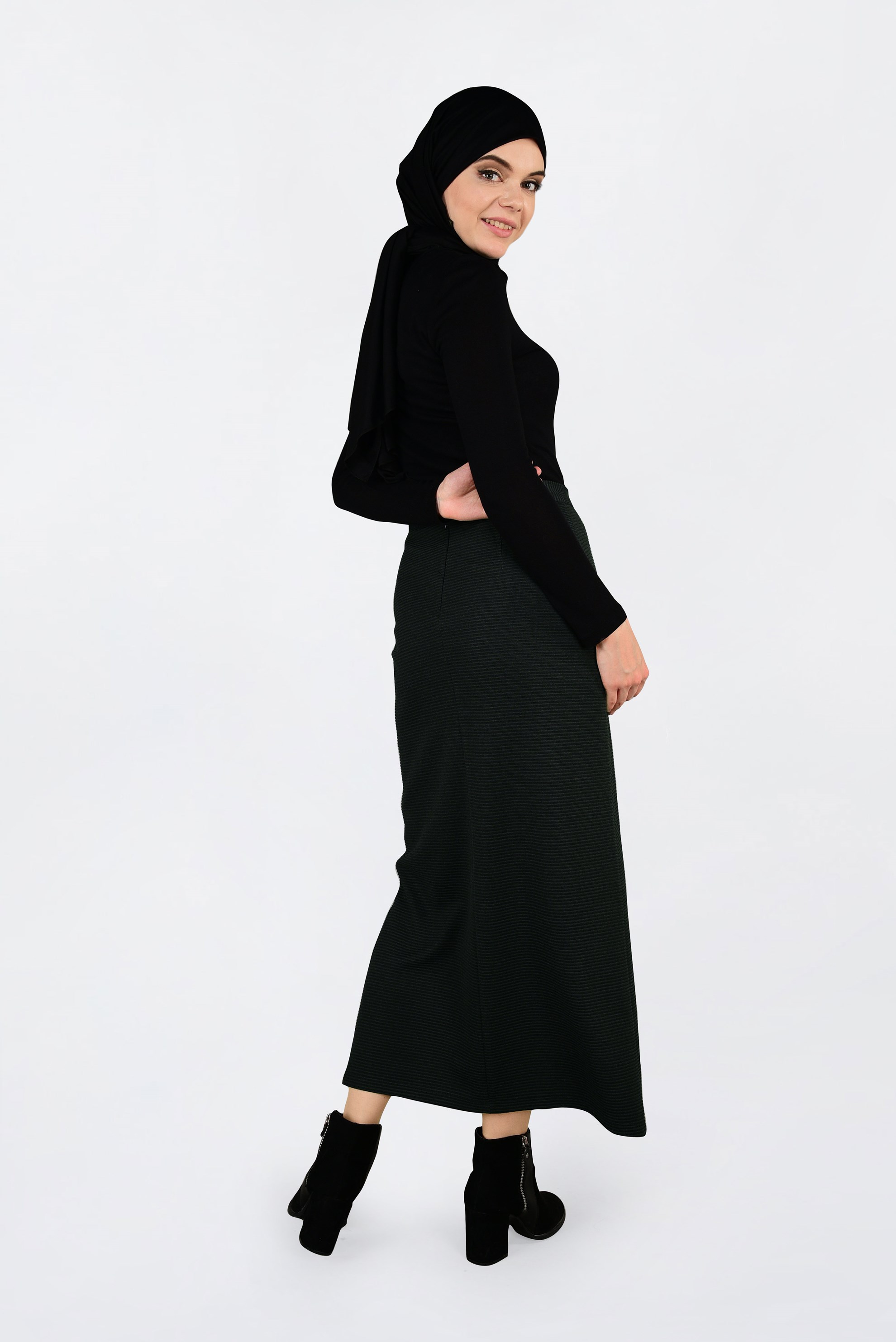 Tesettür giyim HAKİ FİTİLLİ FERMUARLI ETEK 6300 