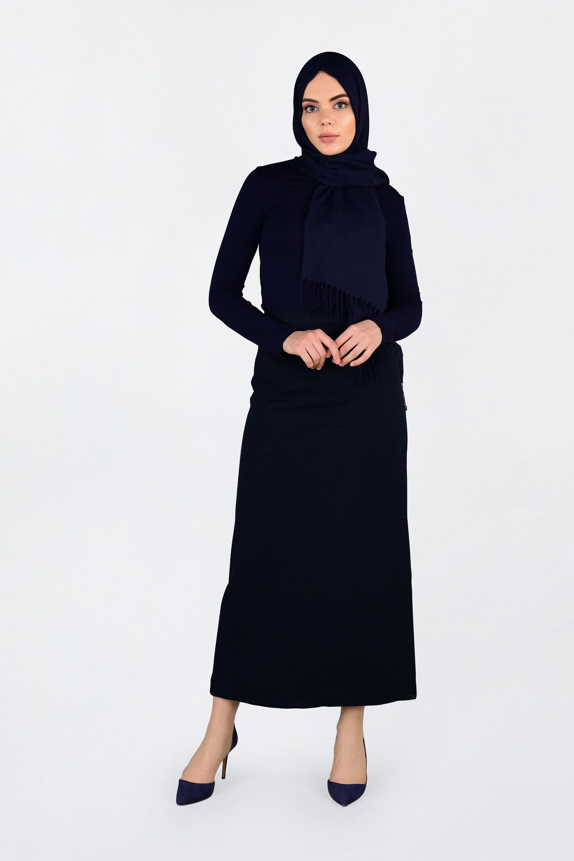 Tesettür giyim LACİVERT FİTİLLİ FERMUARLI ETEK 6300 