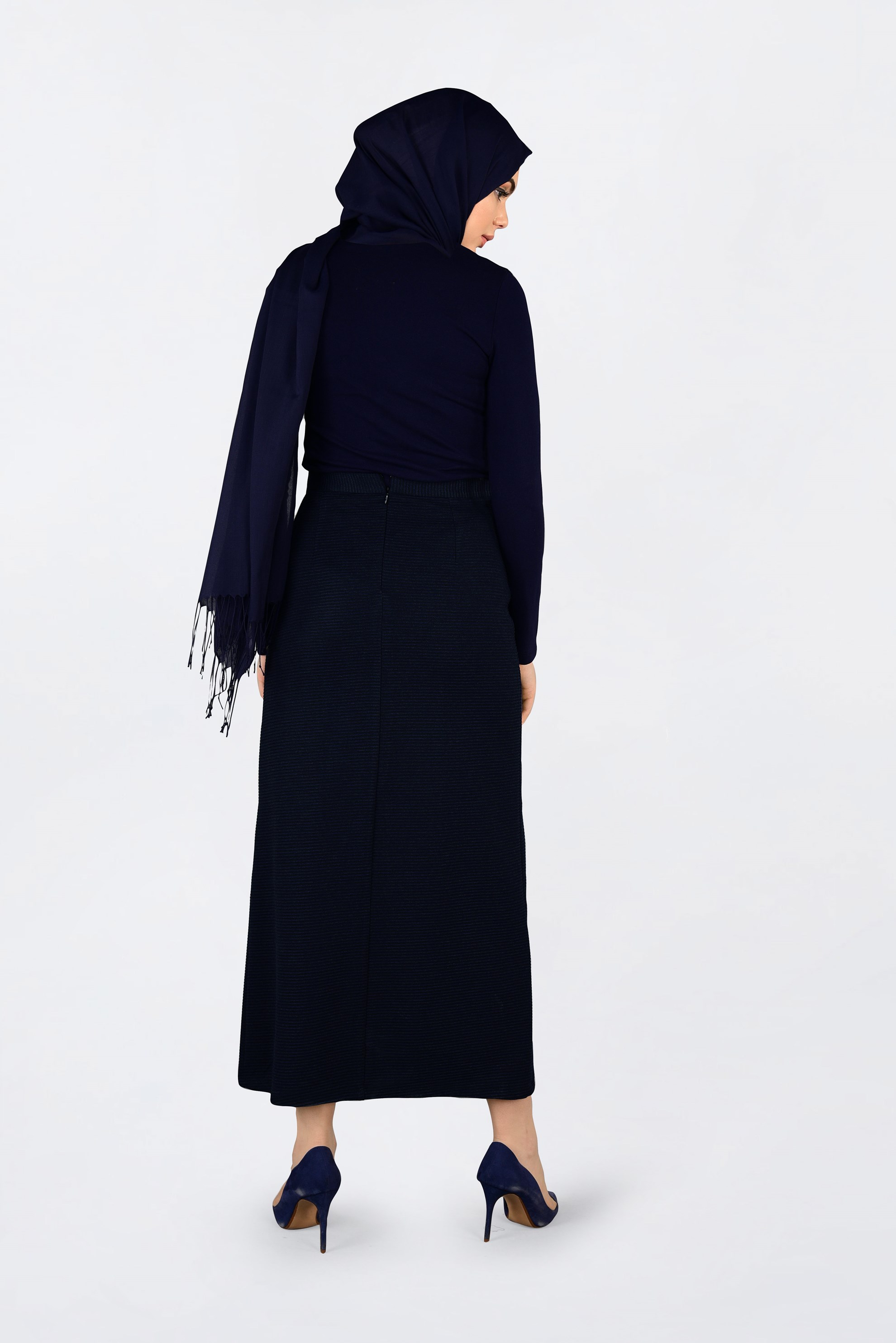 Tesettür giyim LACİVERT FİTİLLİ FERMUARLI ETEK 6300 