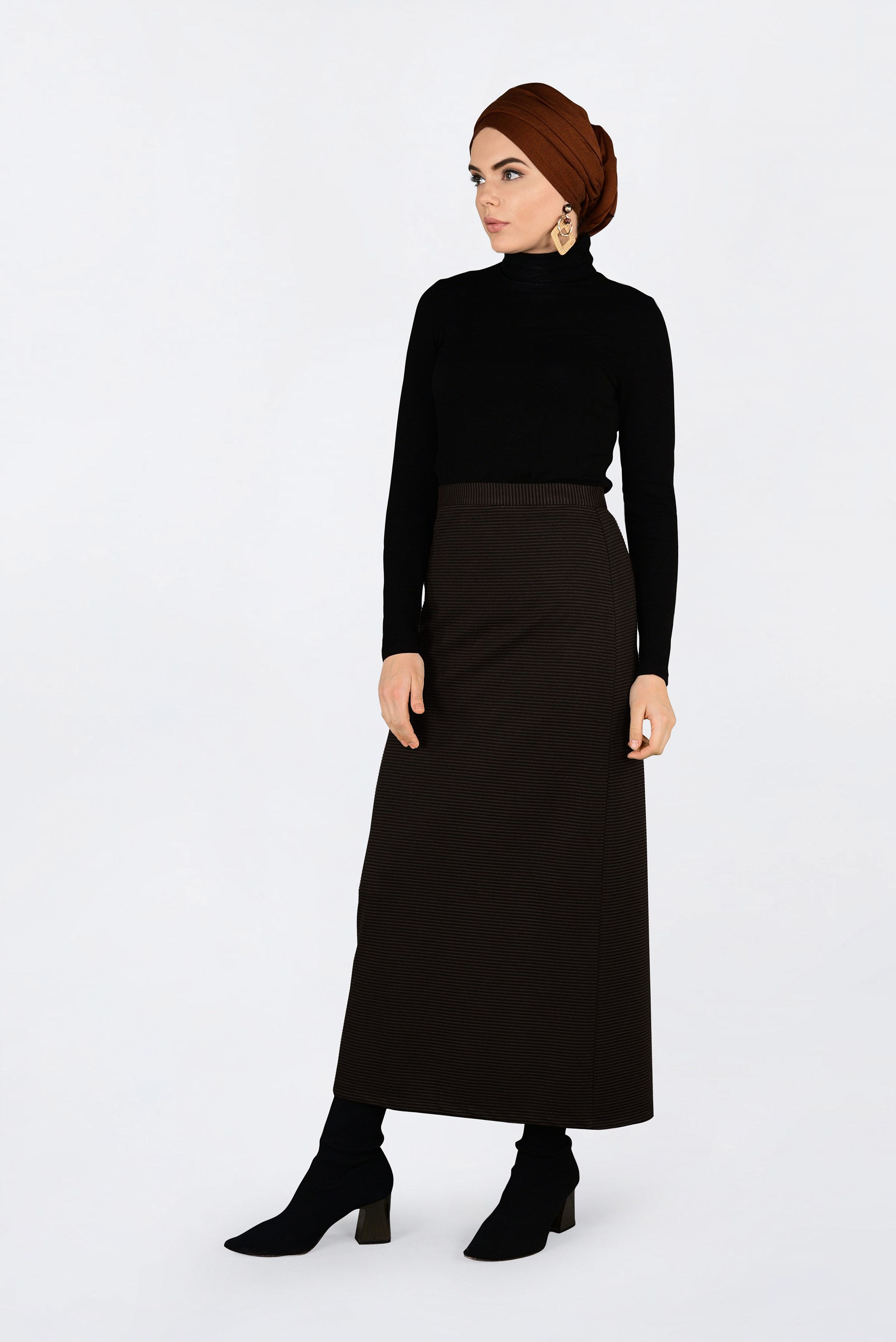 Tesettür giyim KAHVE FİTİLLİ FERMUARLI ETEK 6300 