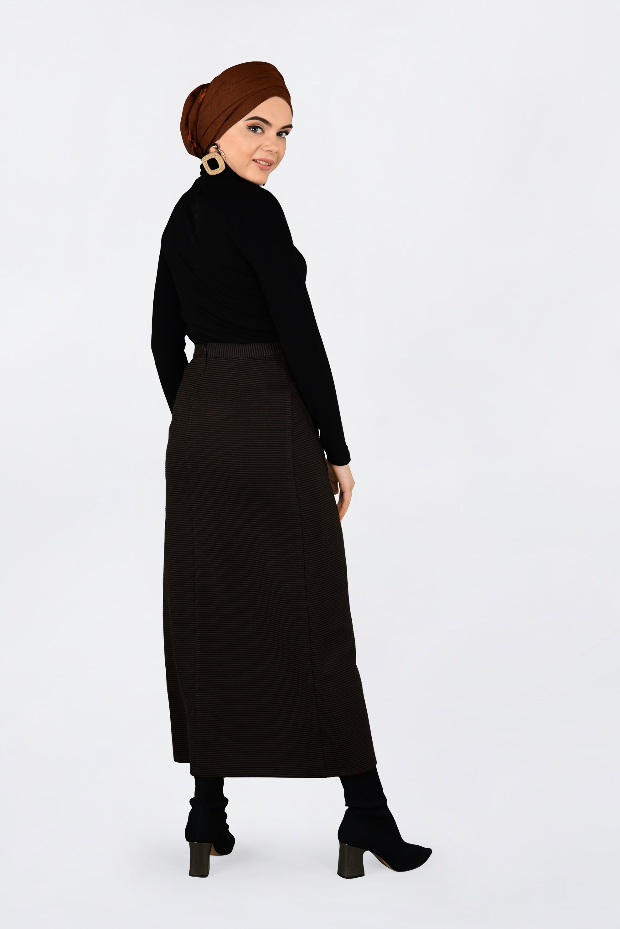 Tesettür giyim KAHVE FİTİLLİ FERMUARLI ETEK 6300 