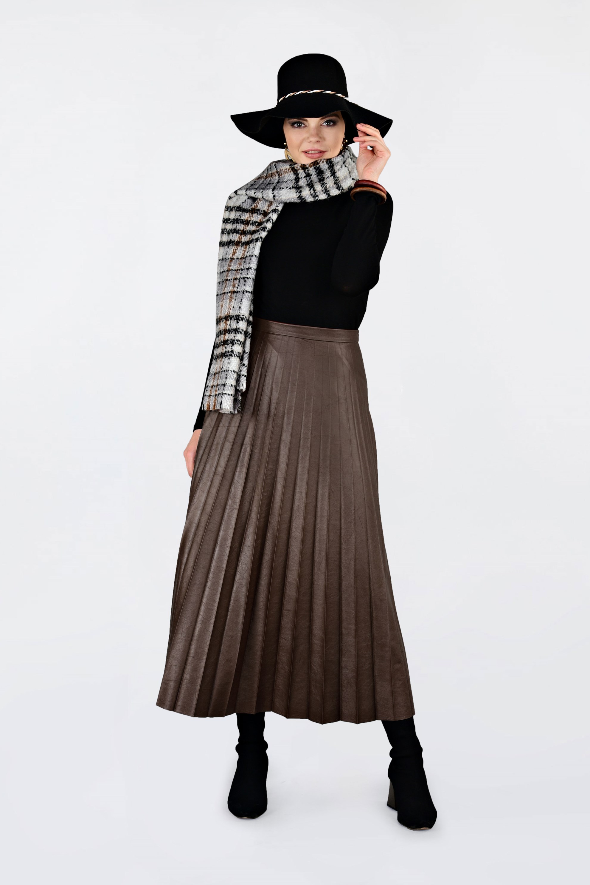 Tesettür giyim KAHVE YÜKSEK BEL PİLİSELİ DERİ ETEK 6301