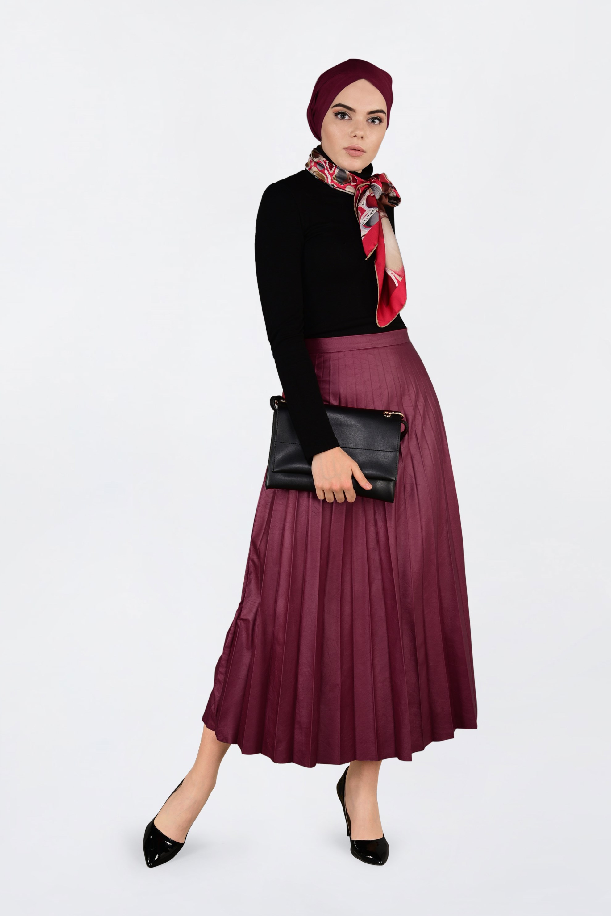 Tesettür giyim BORDO YÜKSEK BEL PİLİSELİ DERİ ETEK 6301