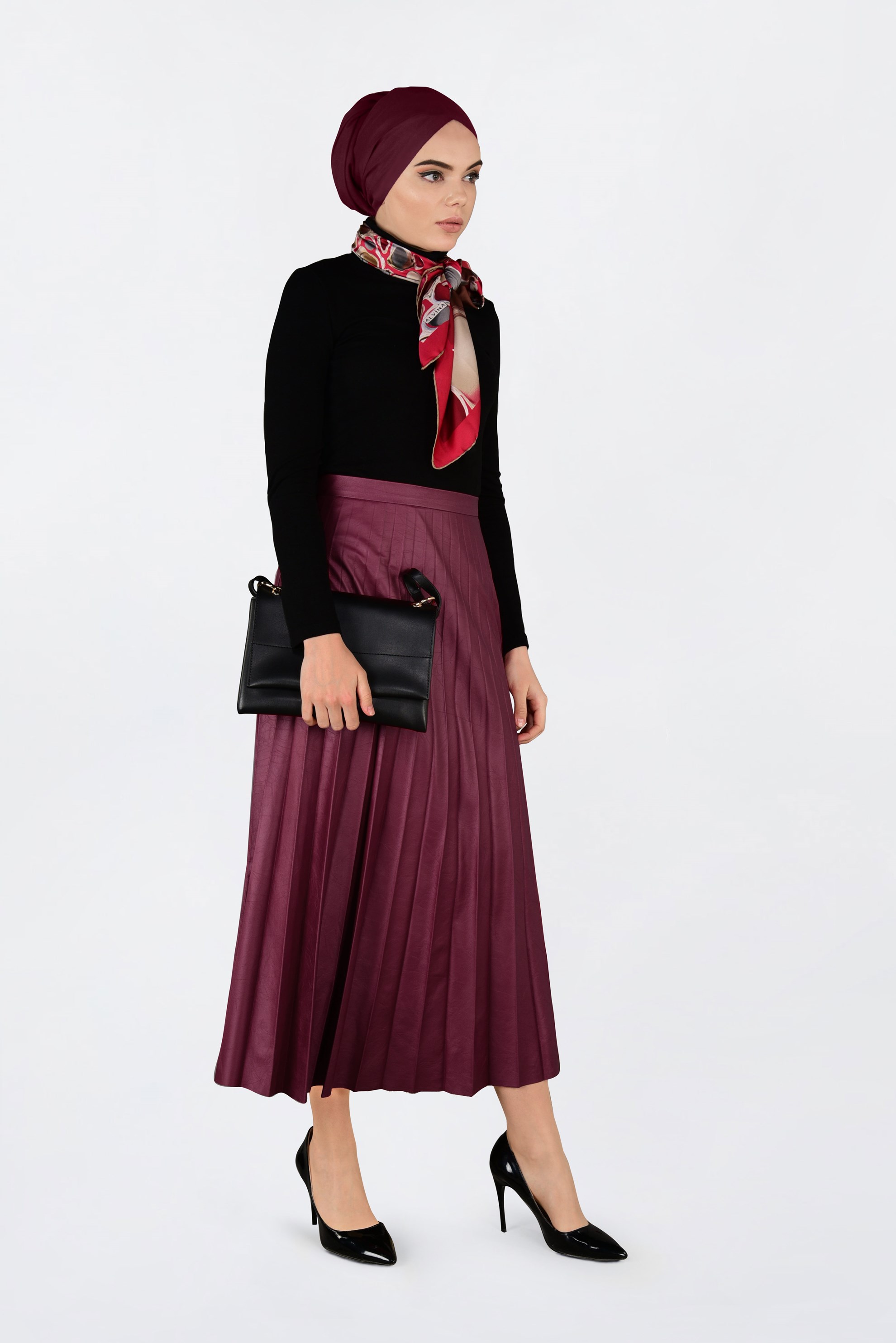 Tesettür giyim BORDO YÜKSEK BEL PİLİSELİ DERİ ETEK 6301