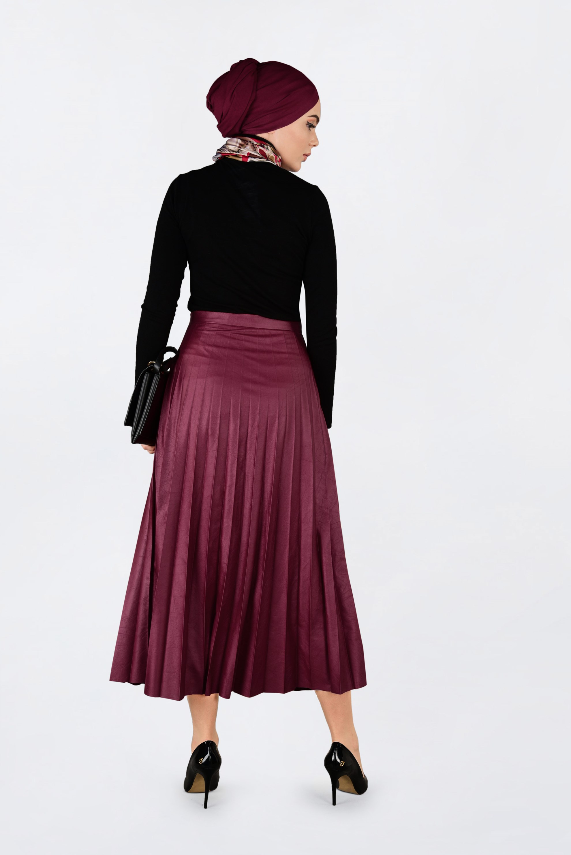 Tesettür giyim BORDO YÜKSEK BEL PİLİSELİ DERİ ETEK 6301