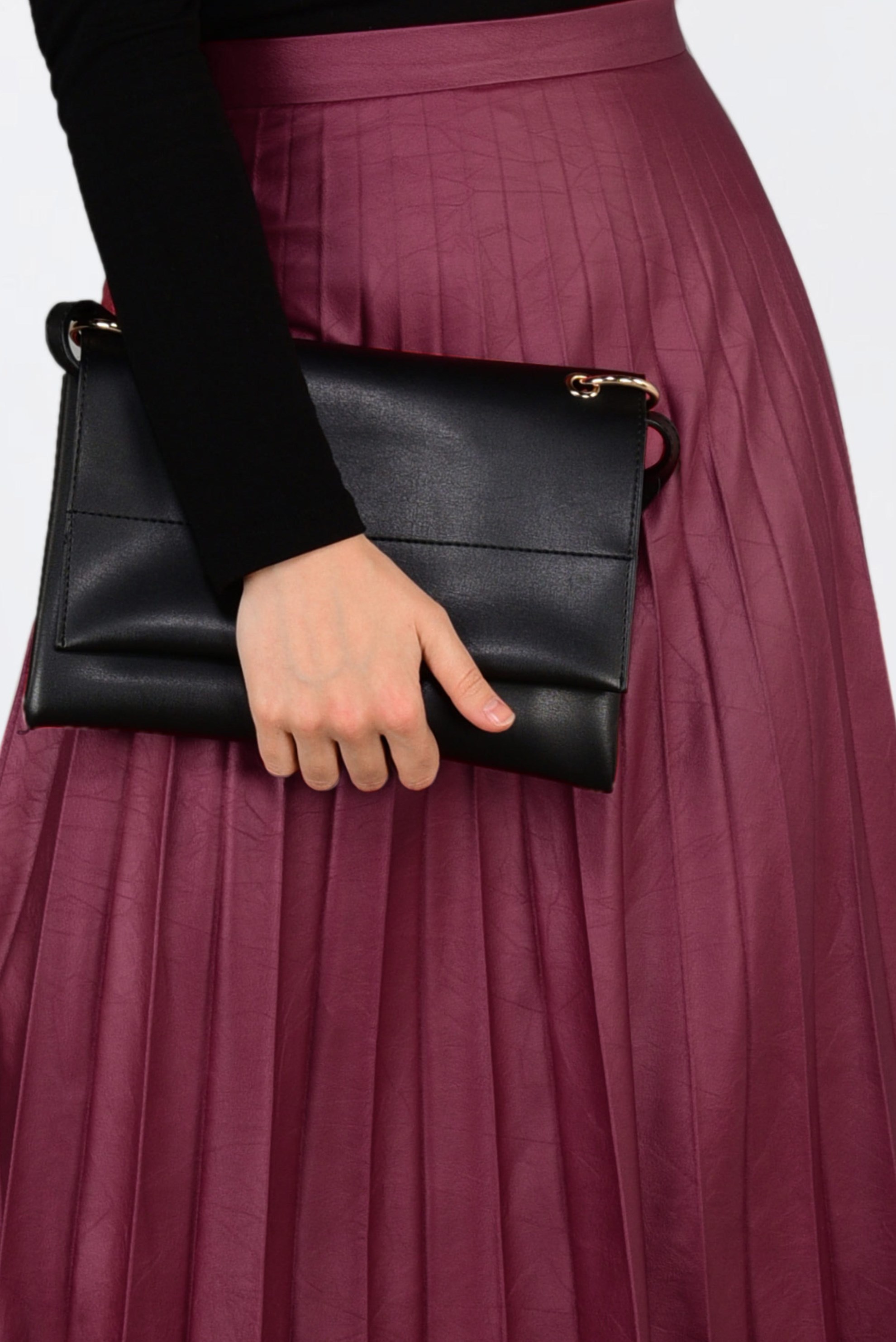 Tesettür giyim BORDO YÜKSEK BEL PİLİSELİ DERİ ETEK 6301