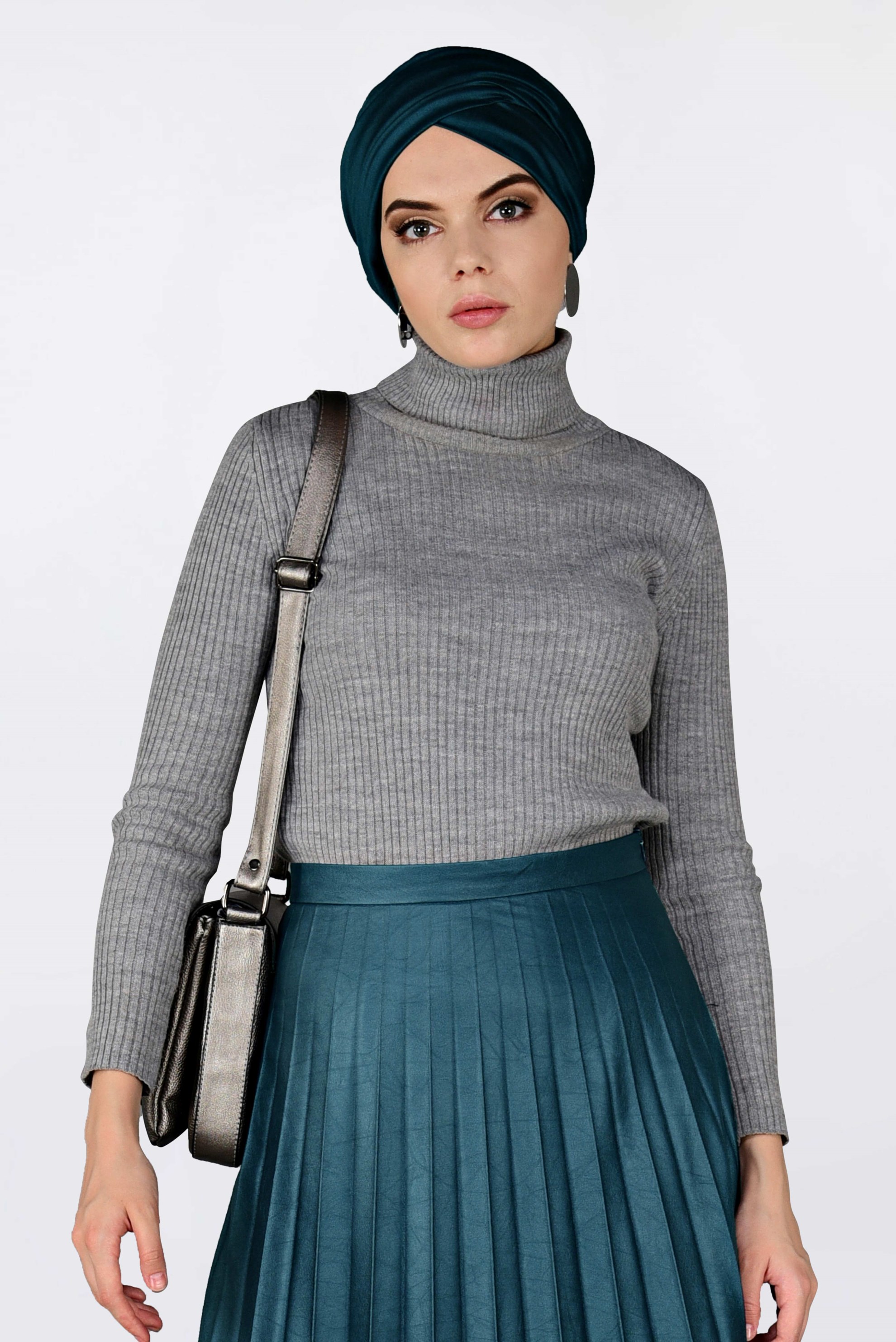 Tesettür giyim MAVİ YÜKSEK BEL PİLİSELİ DERİ ETEK 6301