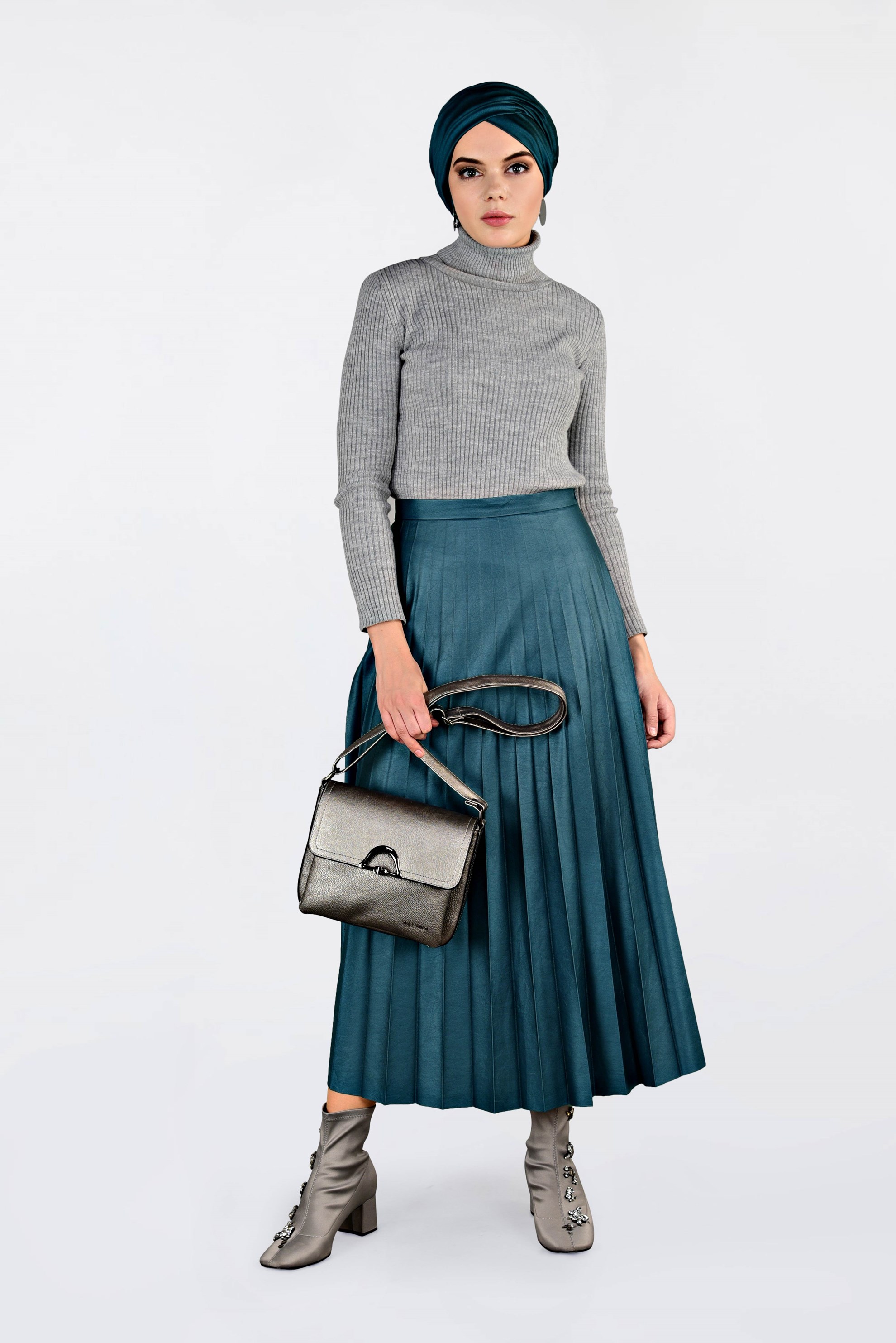 Tesettür giyim MAVİ YÜKSEK BEL PİLİSELİ DERİ ETEK 6301